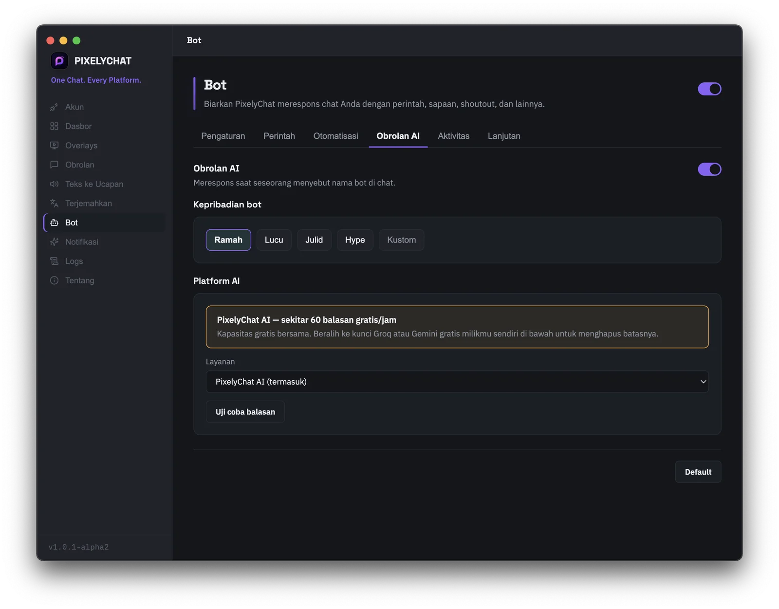 Chatbot AI PixelyChat membalas otomatis di chat stream