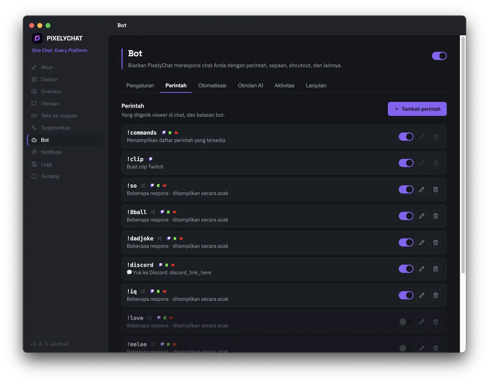 Pembuat perintah kustom chatbot PixelyChat untuk Twitch, Kick, dan YouTube
