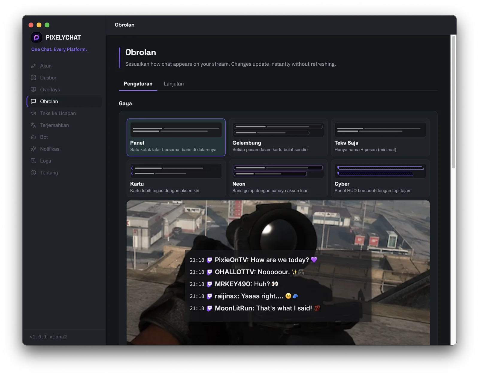 Pengaturan kustomisasi overlay chat OBS PixelyChat