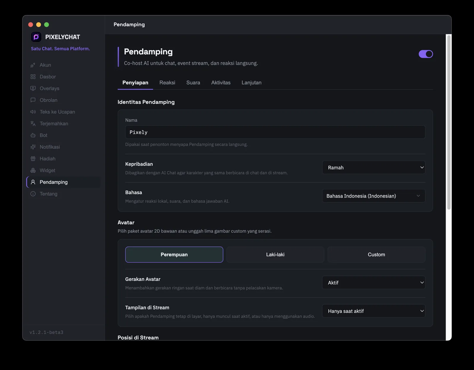 Pengaturan PixelyChat Companion dengan identitas co-host AI, personality, suara, dan kontrol avatar 2D