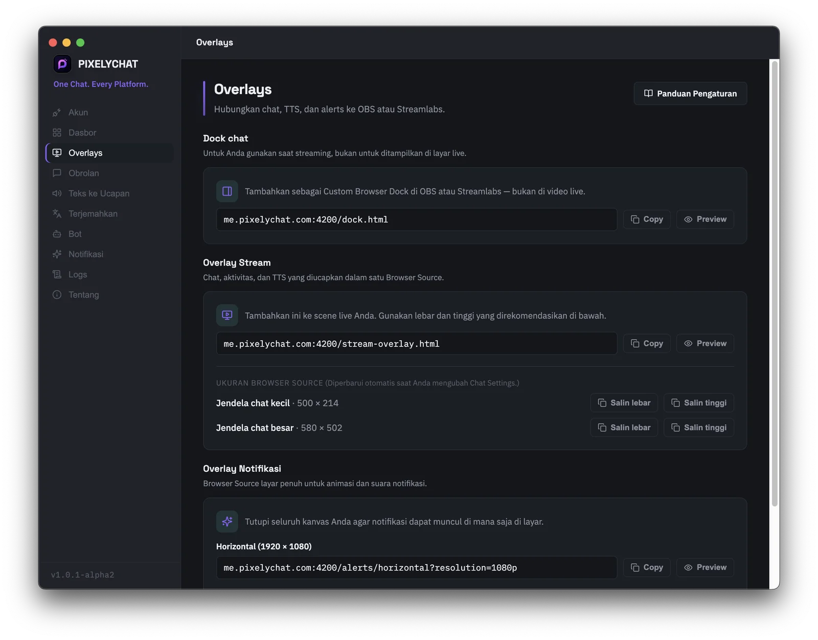 Pembuat tautan Browser Source OBS dan Streamlabs di PixelyChat