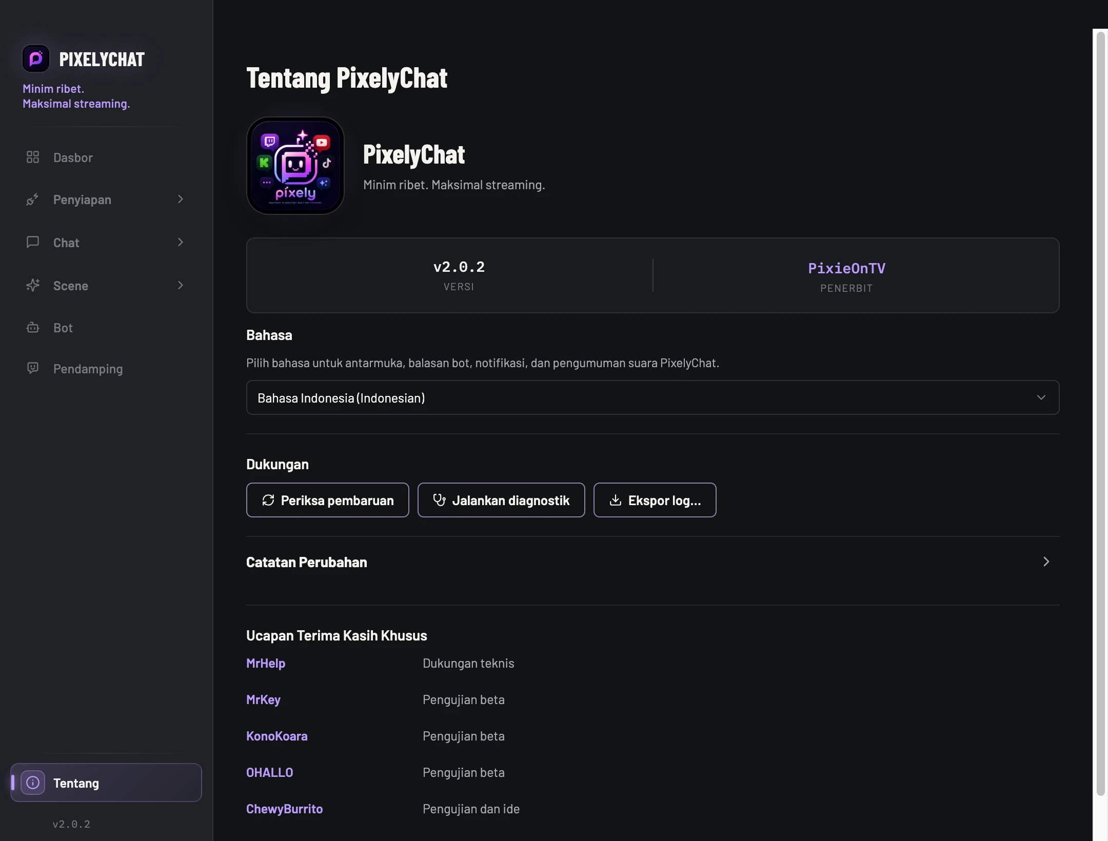 Halaman Tentang PixelyChat