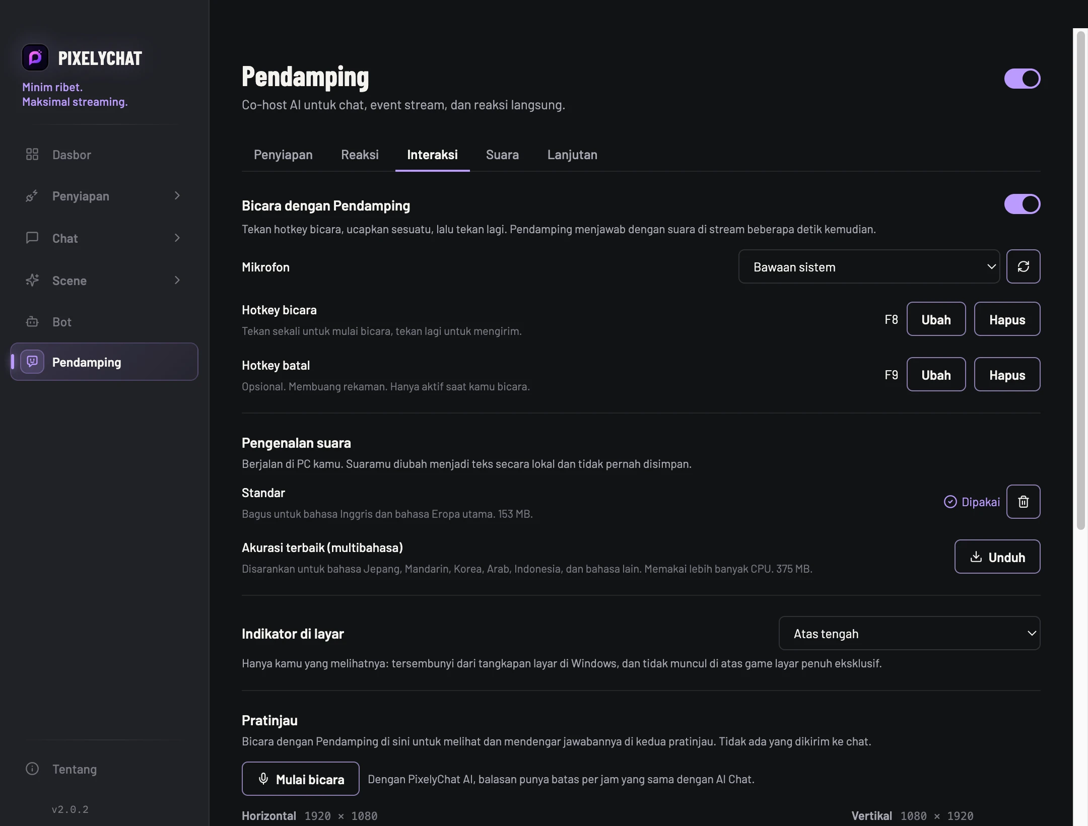 Pengaturan Interaksi Pendamping di PixelyChat