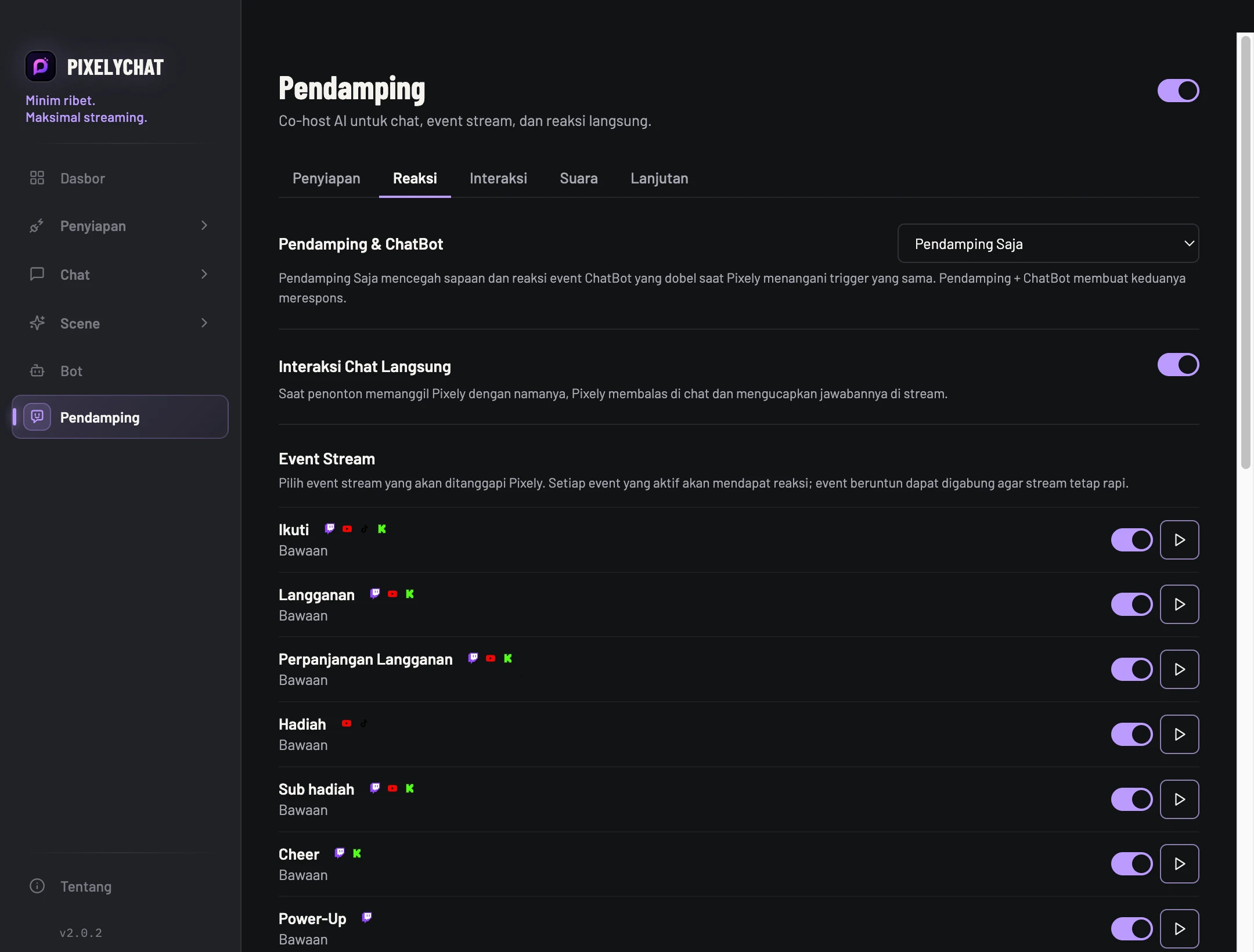 Reaksi Pendamping di PixelyChat