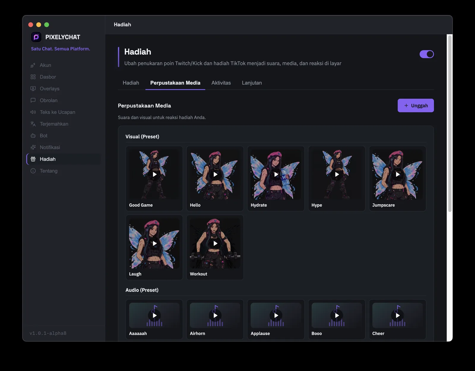 Tab Media Library Reward PixelyChat untuk upload suara dan visual kustom untuk reaksi reward