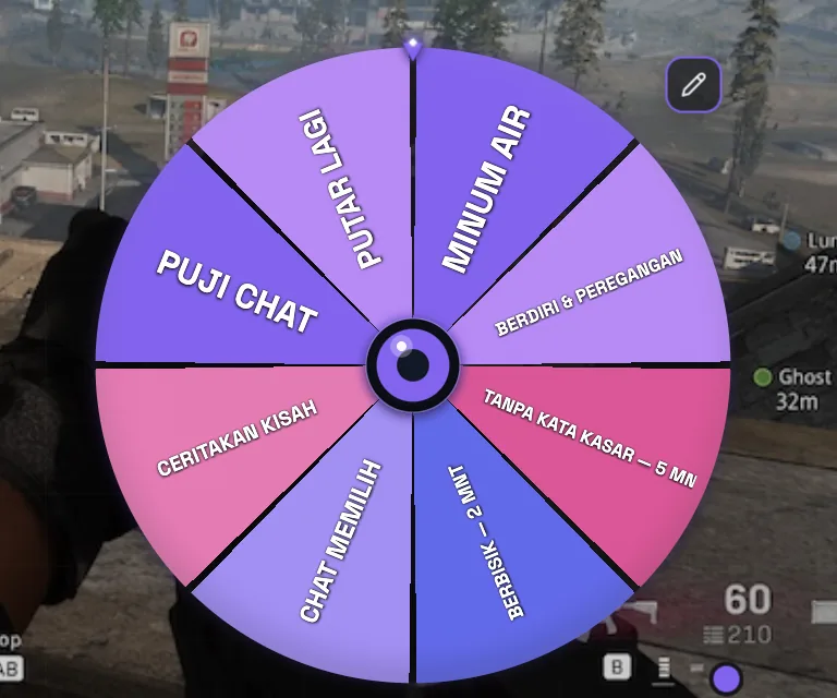 Spin Wheel PixelyChat dengan roda interaktif berwarna untuk challenge stream
