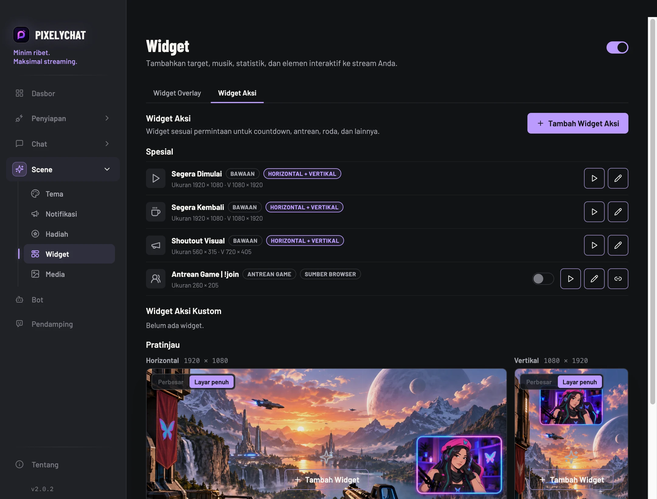 Widget Aksi di PixelyChat