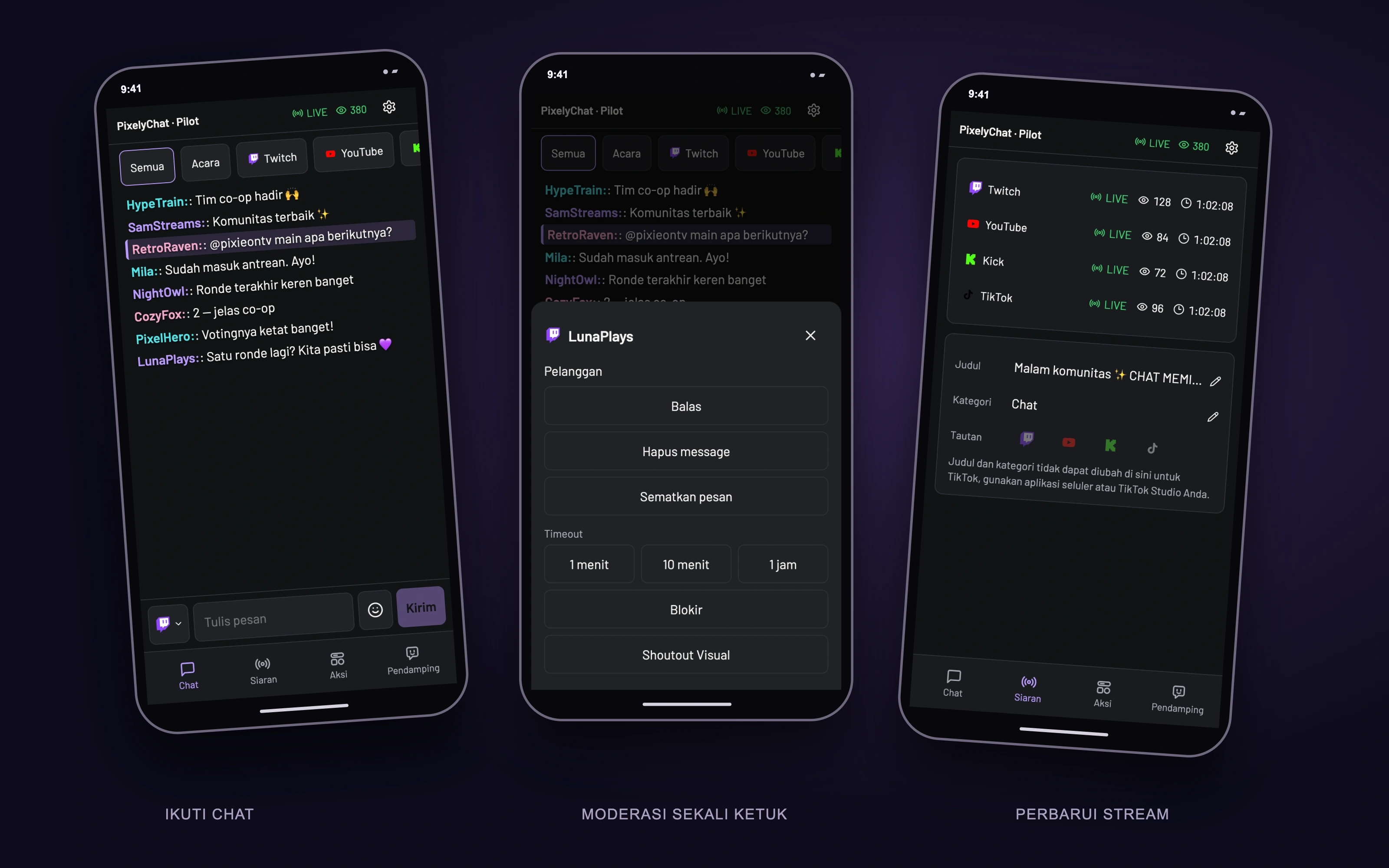 Tampilan Pilot asli dengan data demo: chat, moderasi, dan info stream. Tindakan yang tersedia bergantung pada platform yang terhubung.