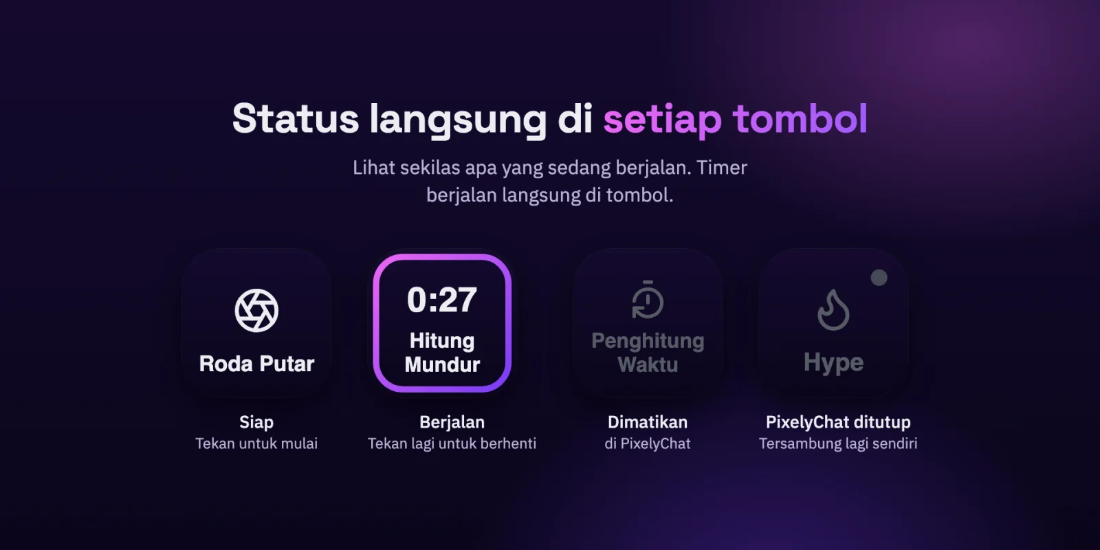 Tombol Stream Deck dengan status siap, berjalan, dimatikan, dan menyambung ulang