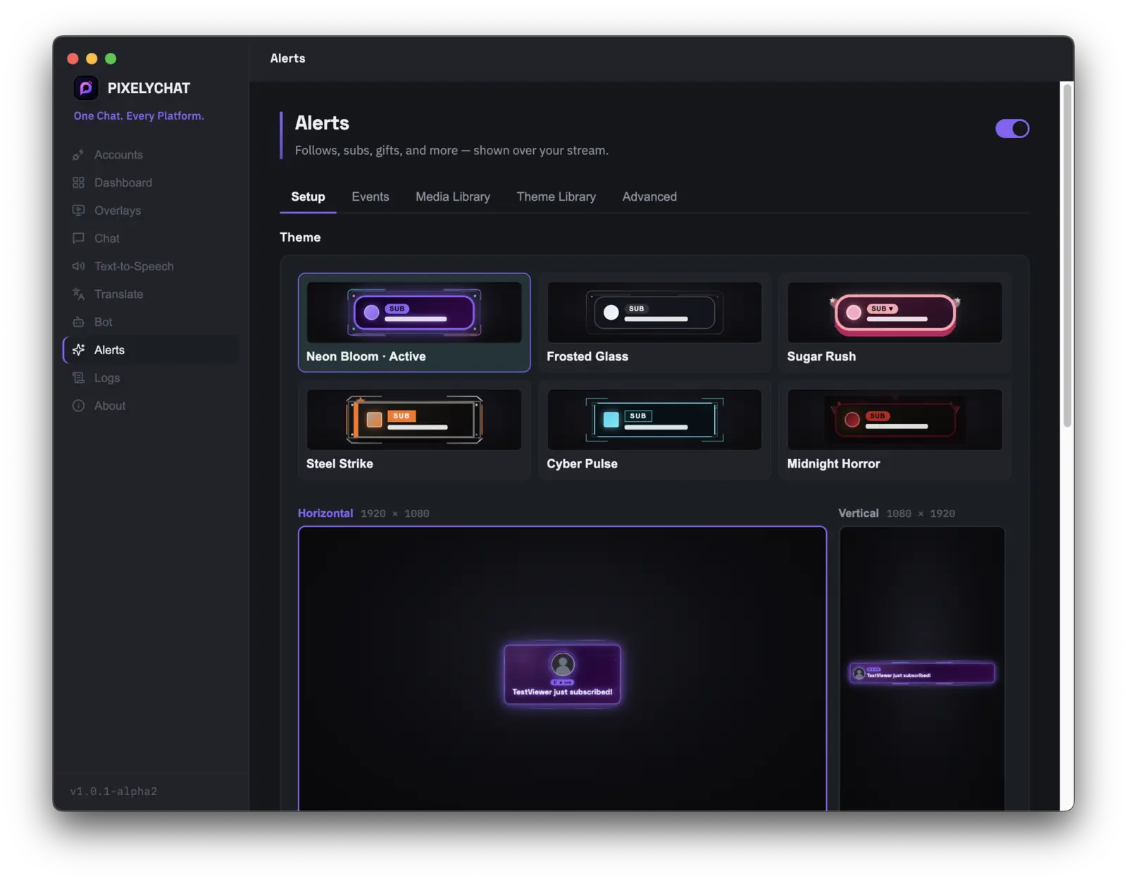 PixelyChat alerts setup with themed on-screen event alerts for Twitch, YouTube, Kick, and TikTok