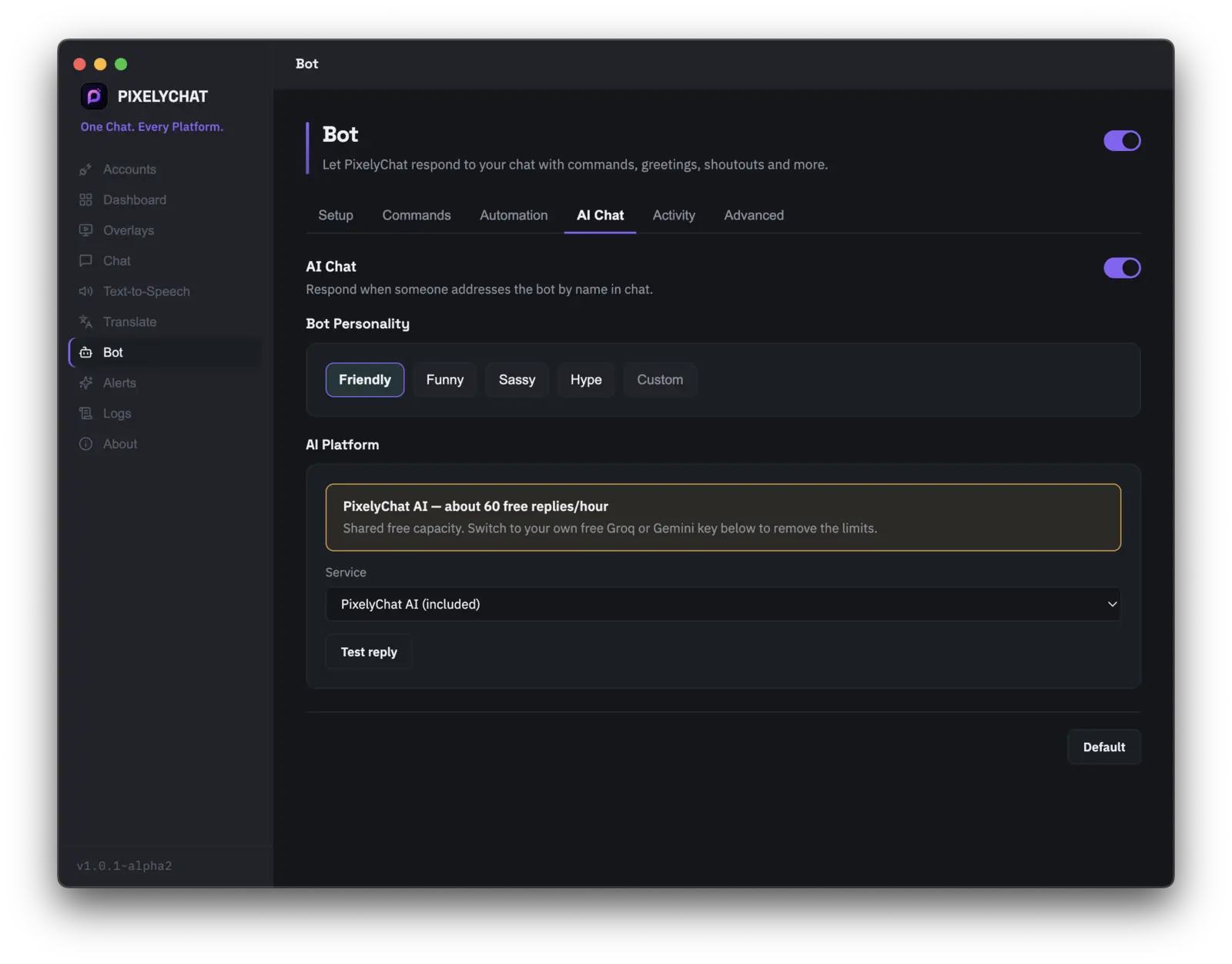 PixelyChat AI chat bot replying automatically in stream chat