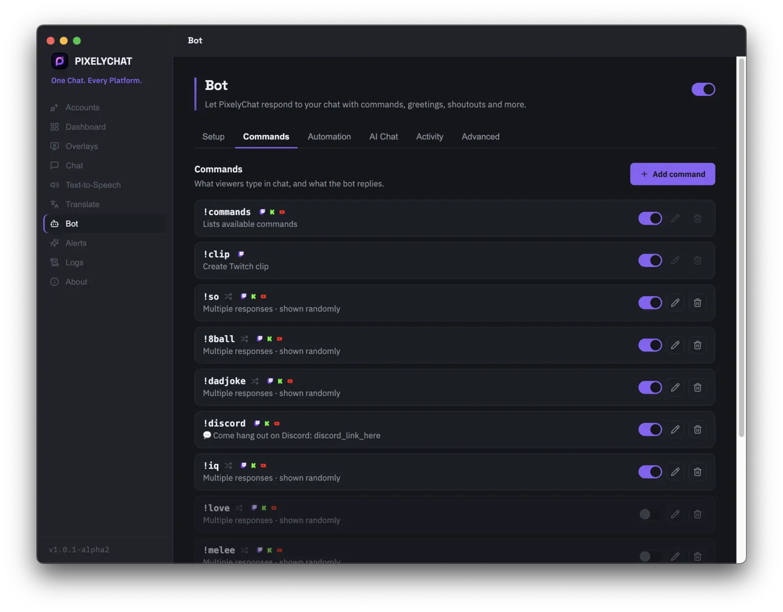 PixelyChat chat bot custom command builder for Twitch, Kick, and YouTube