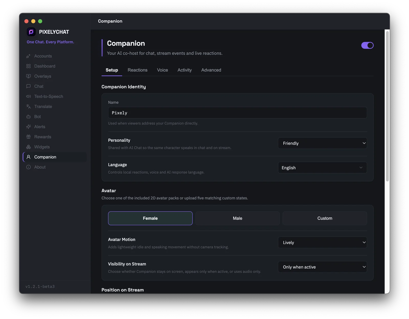 PixelyChat Companion setup with AI co-host identity, personality, voice and 2D avatar controls