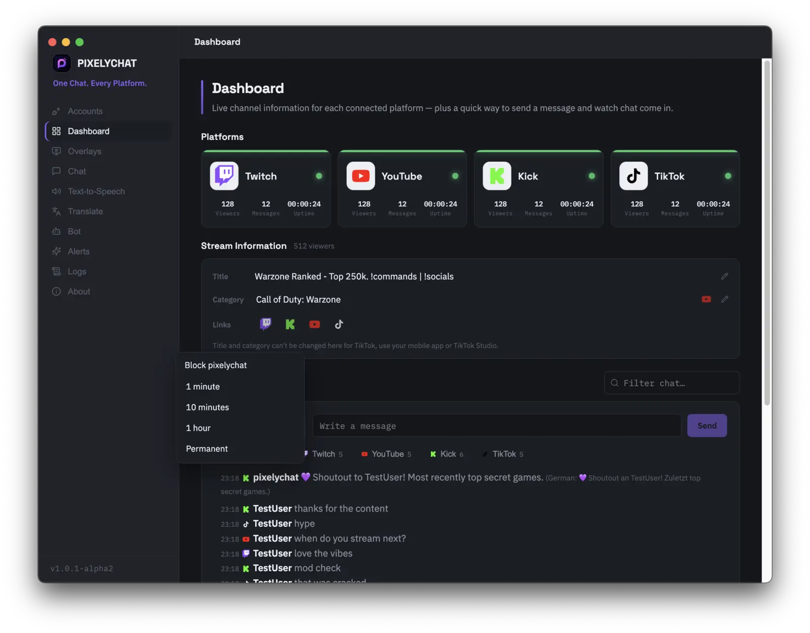 PixelyChat dashboard with quick admin tools to delete messages, block users, and edit stream title and category