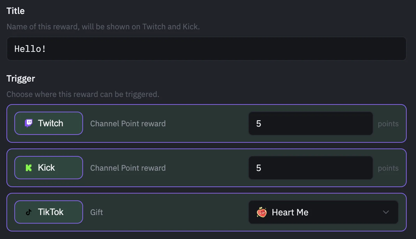 PixelyChat reward trigger setup mapping a TikTok gift alongside Twitch and Kick Channel Point costs