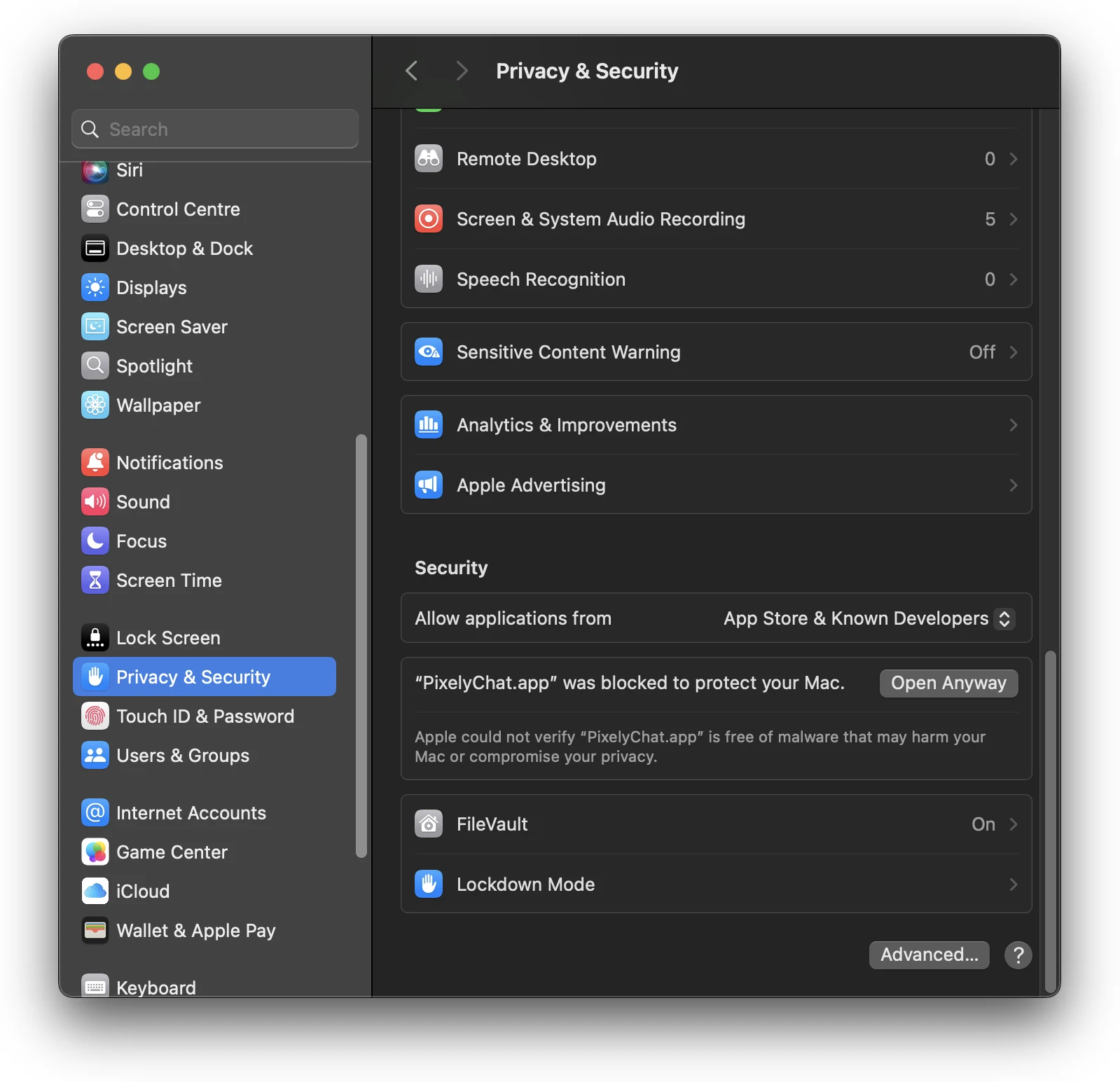 macOS Privacy and Security showing Open Anyway