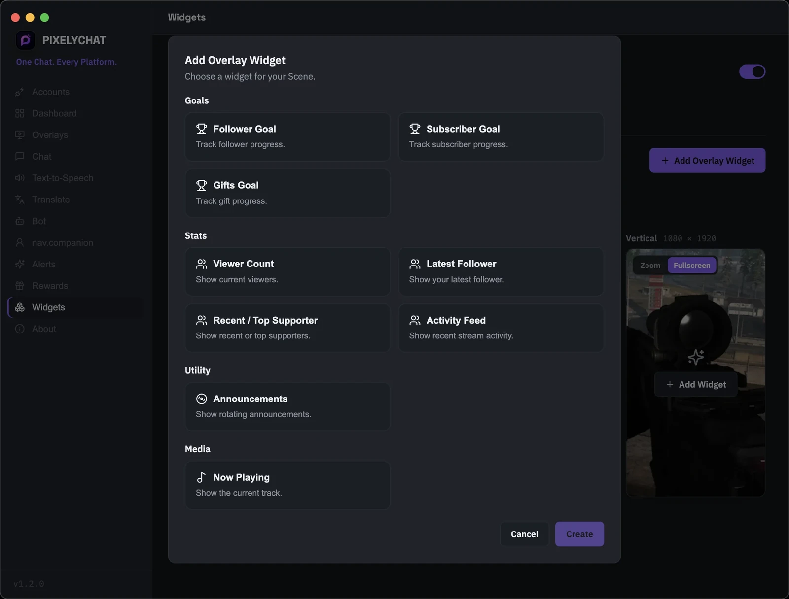 PixelyChat Widgets page with follower, subscriber and gift goals, live stream stats, activity feed, announcements and Now Playing widgets