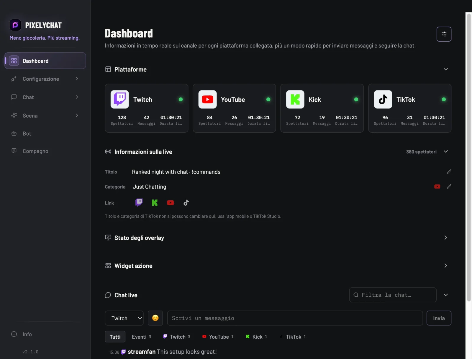 Dashboard di PixelyChat con le piattaforme collegate e la chat unificata