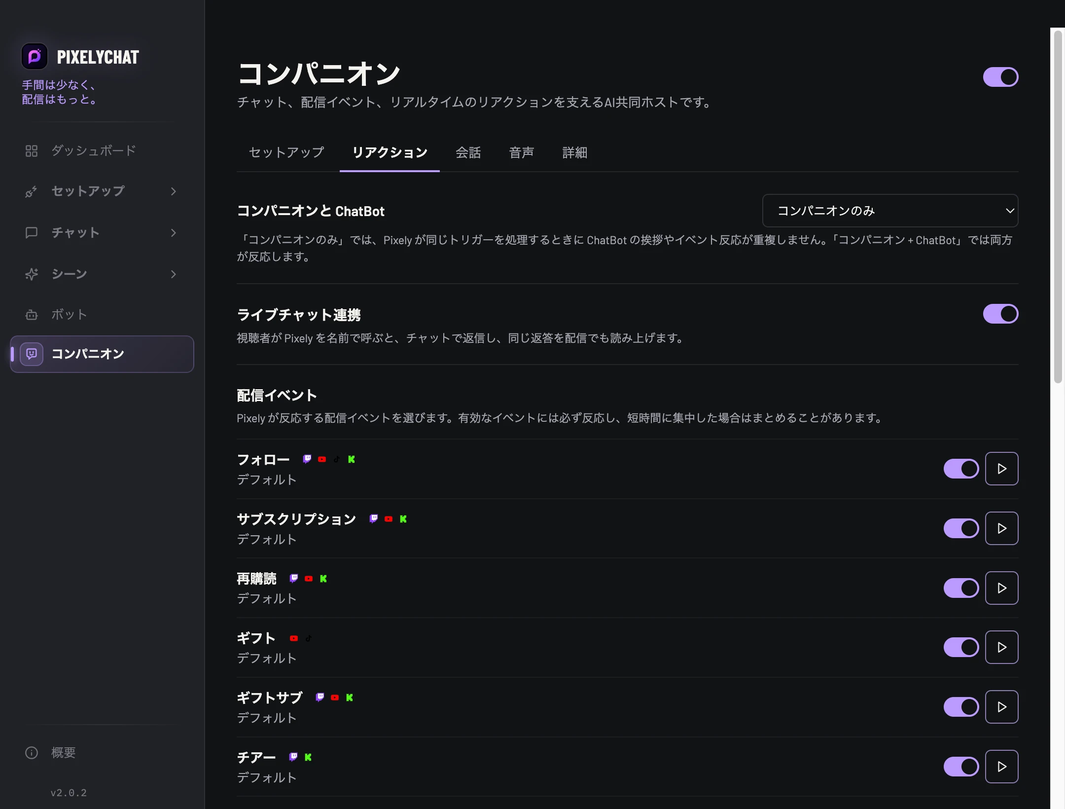 PixelyChatのコンパニオンのリアクション