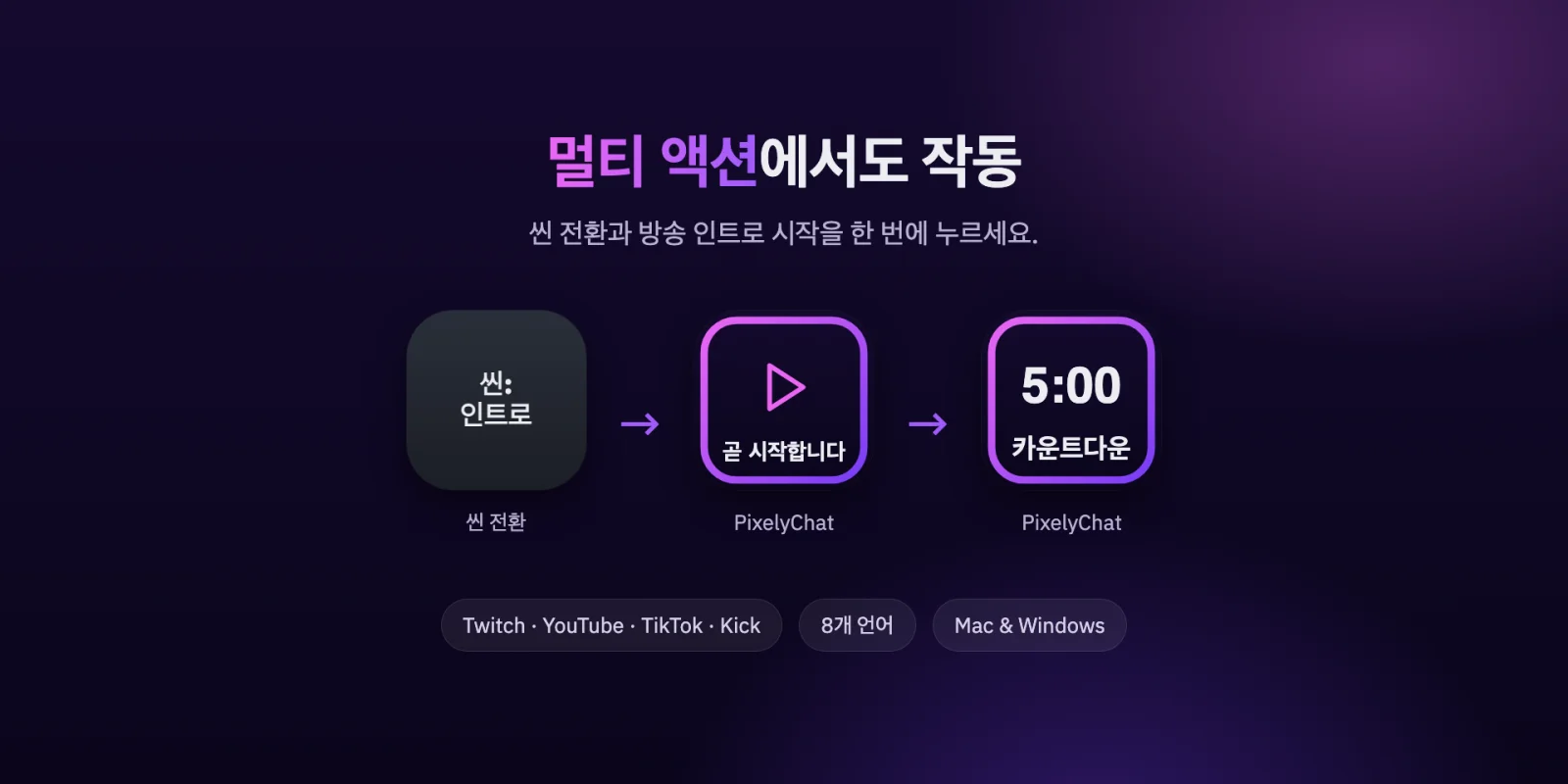 씬을 바꾸고 곧 시작합니다와 카운트다운을 시작하는 Stream Deck 멀티 액션