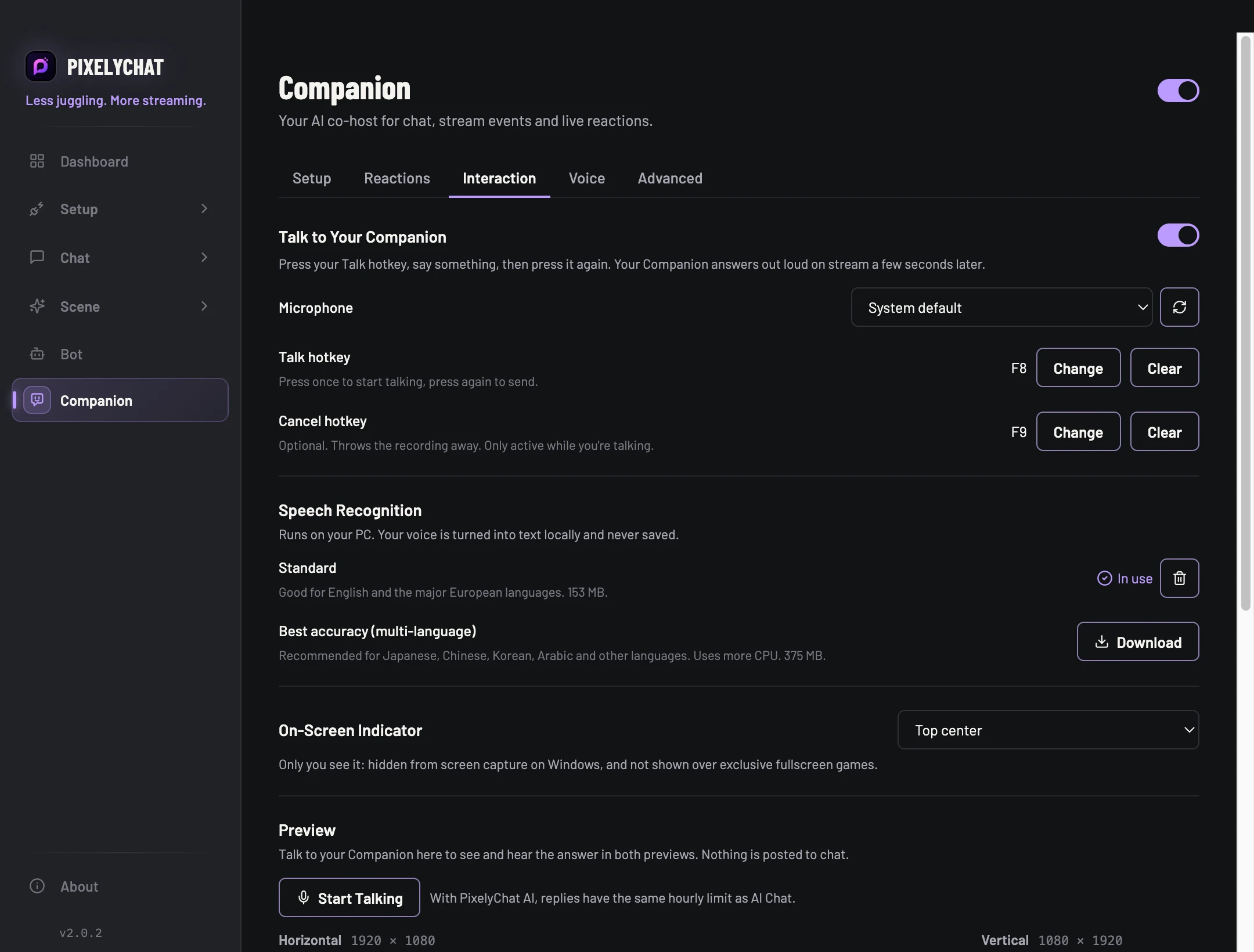 Companion Interaction settings in PixelyChat
