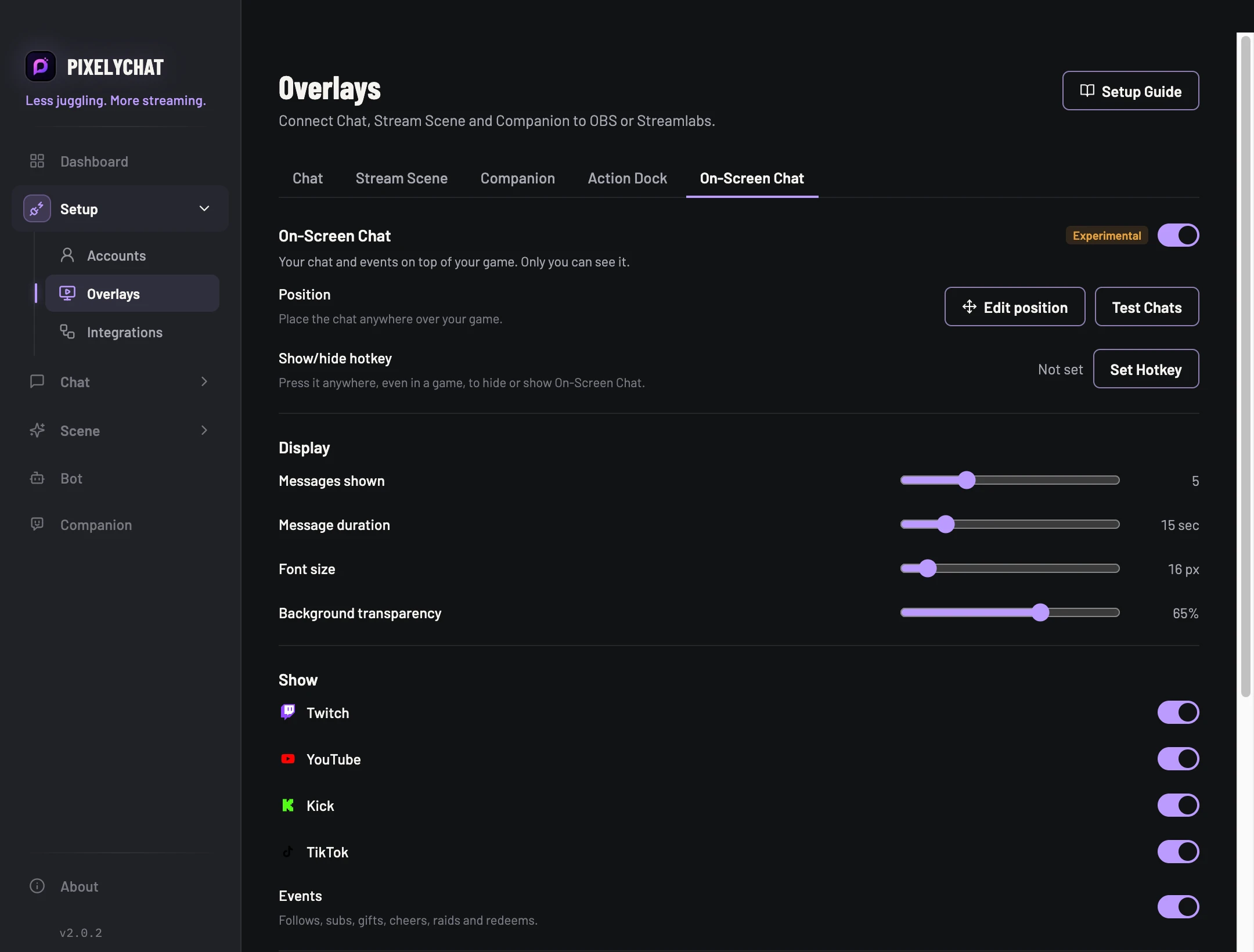 On-Screen Chat settings in PixelyChat
