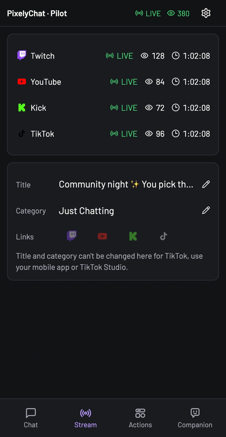 Pilot Stream tab with platform information and stream update controls