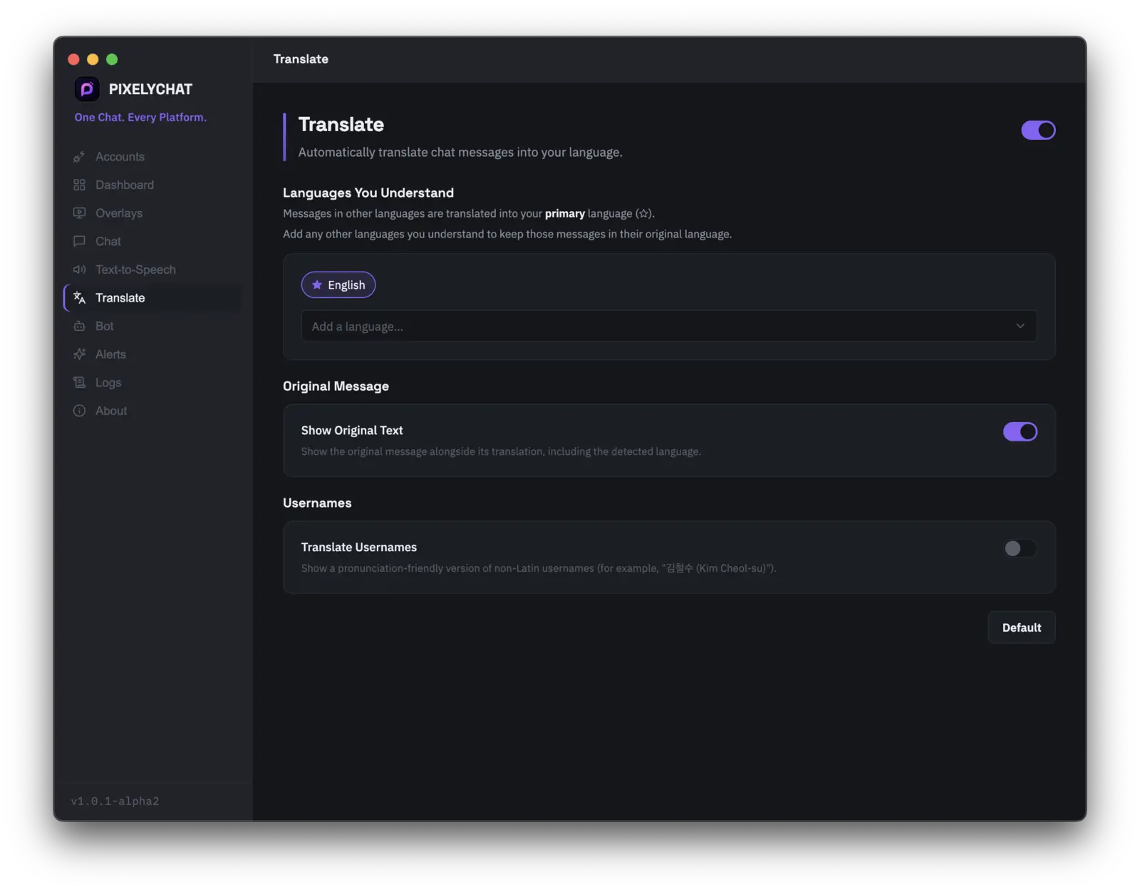 PixelyChat translation settings