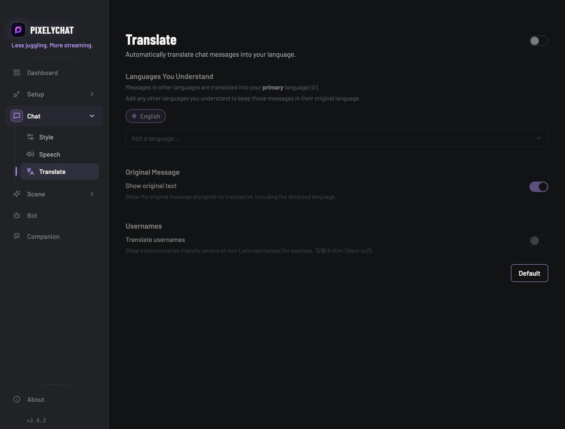 Translate settings