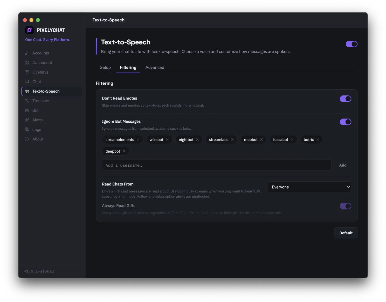 PixelyChat Text-to-Speech Filtering tab showing emote skipping, ignored bots and Read Chats From