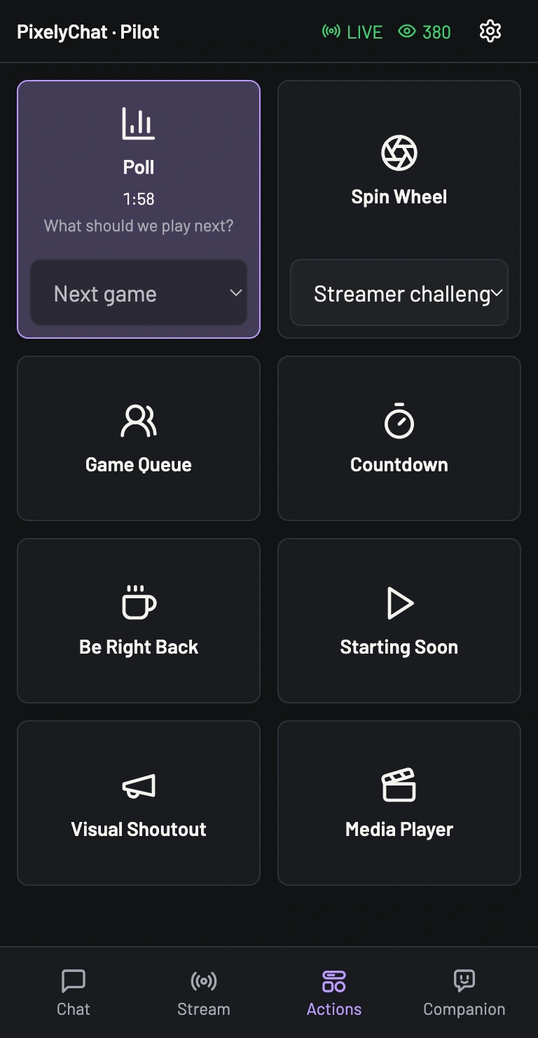 Pilot Actions tab with widget controls and a running poll timer