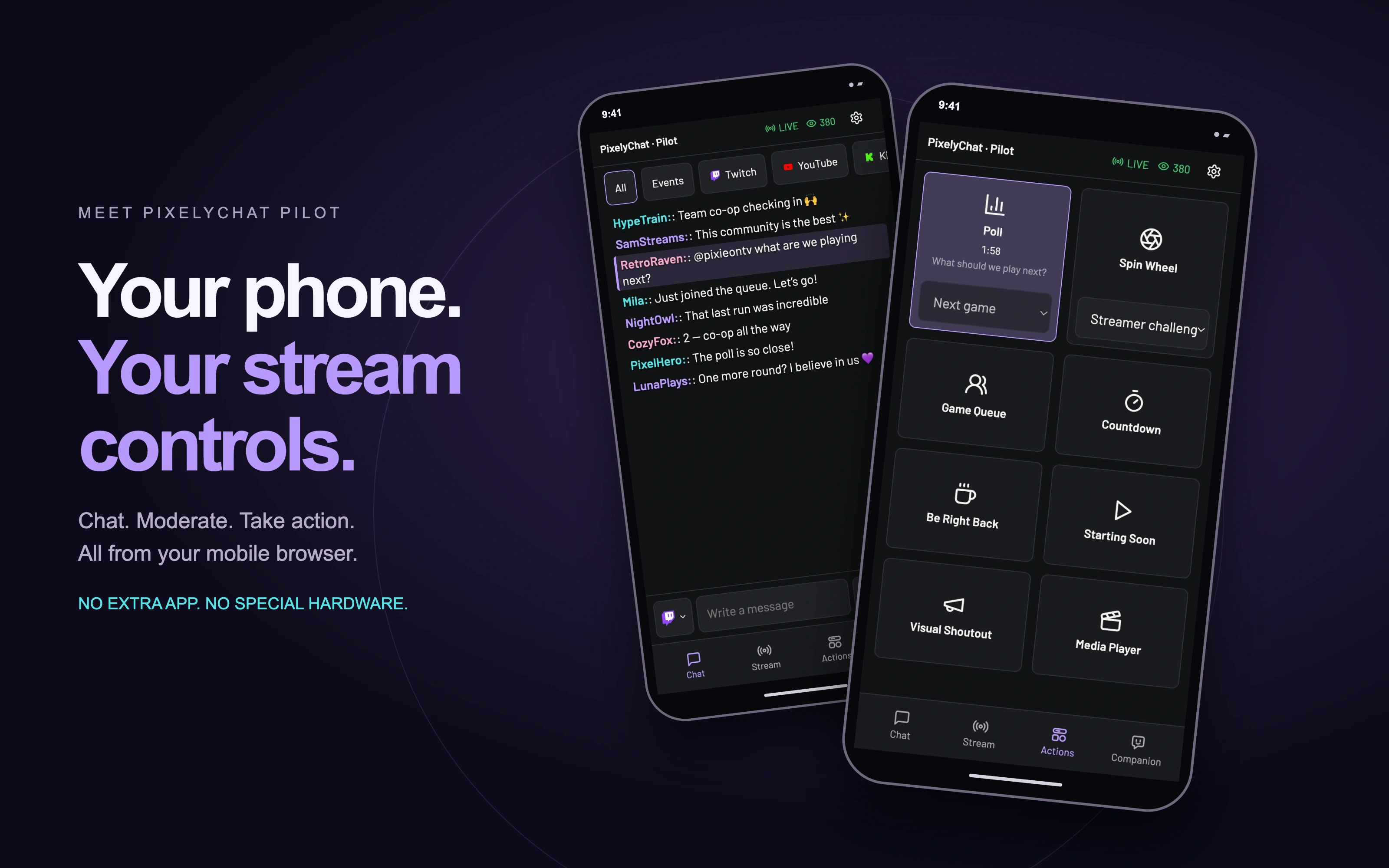 The real PixelyChat Pilot chat and Action Widgets screens shown in two phone frames