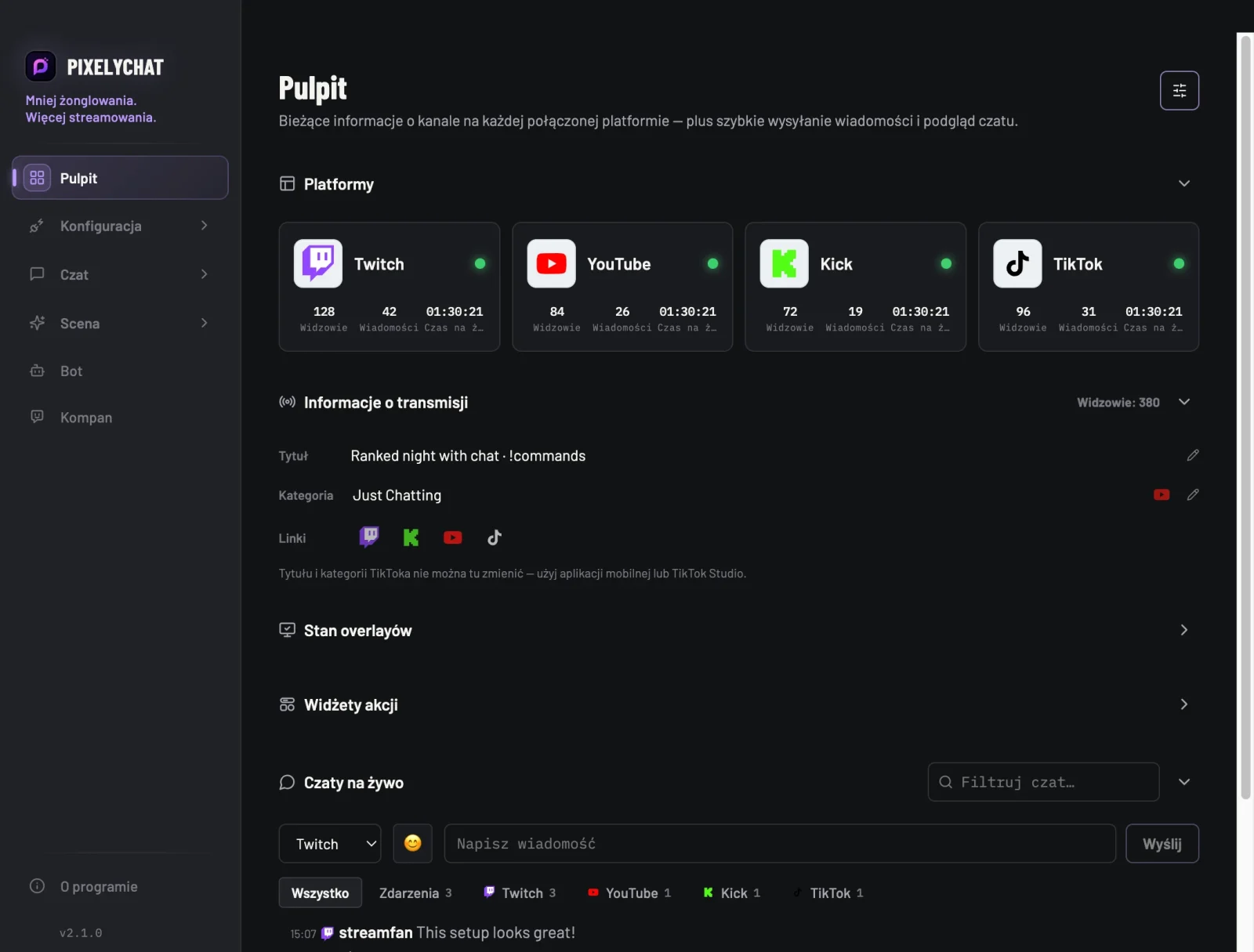 Pulpit PixelyChat z połączonymi platformami i wspólnym czatem