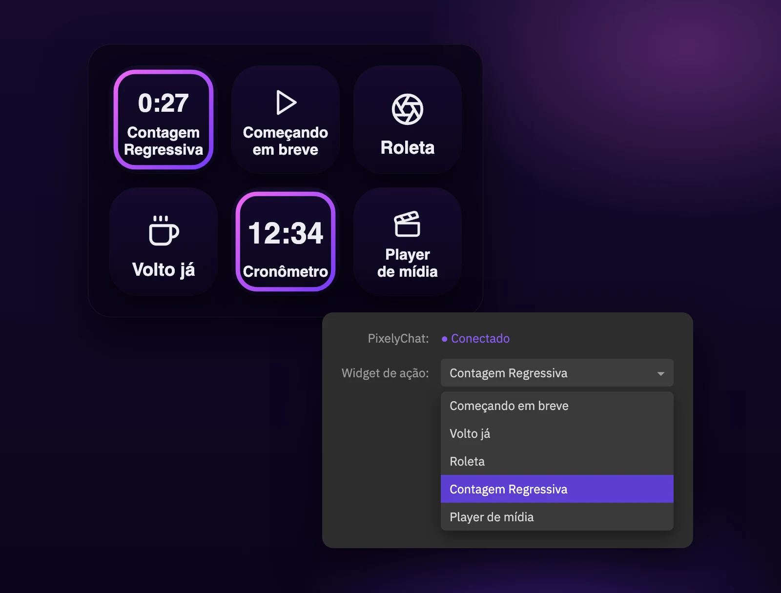 Teclas do Stream Deck para widgets de ação do PixelyChat com uma contagem regressiva e um cronômetro rodando