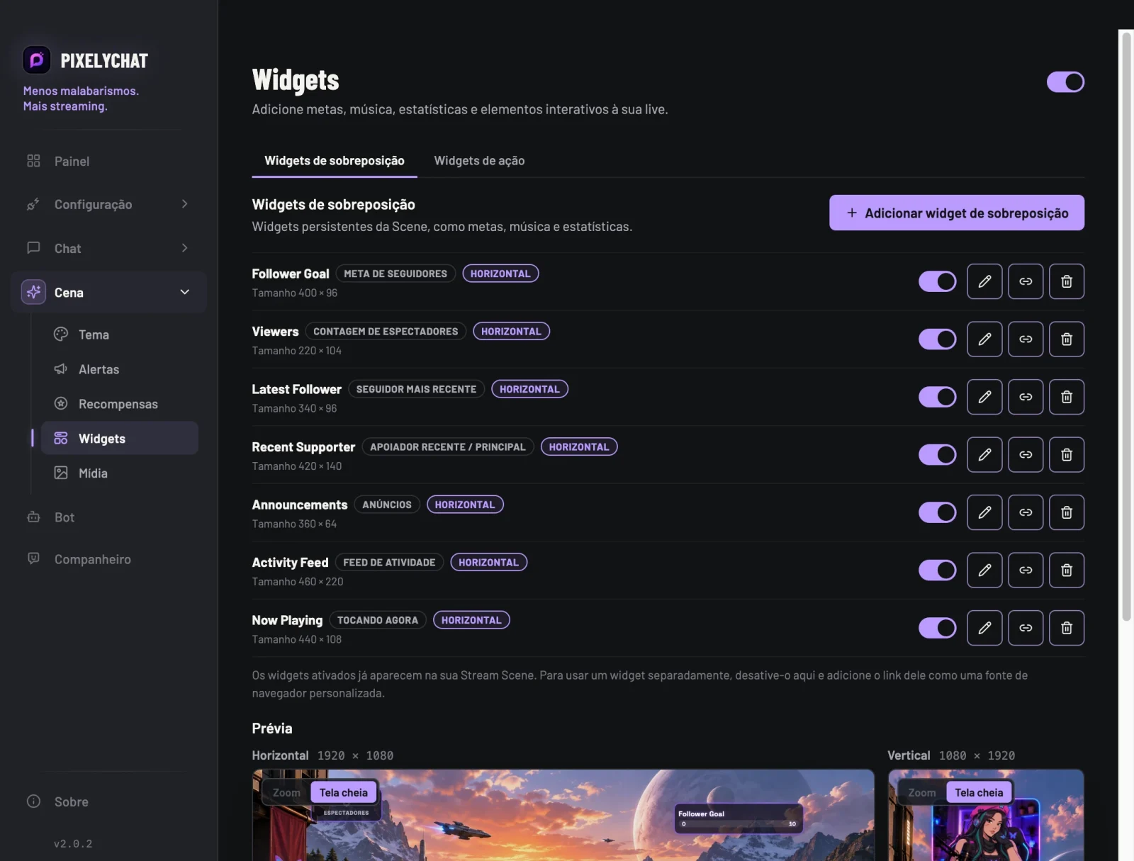 A página de Widgets do PixelyChat com a prévia da live