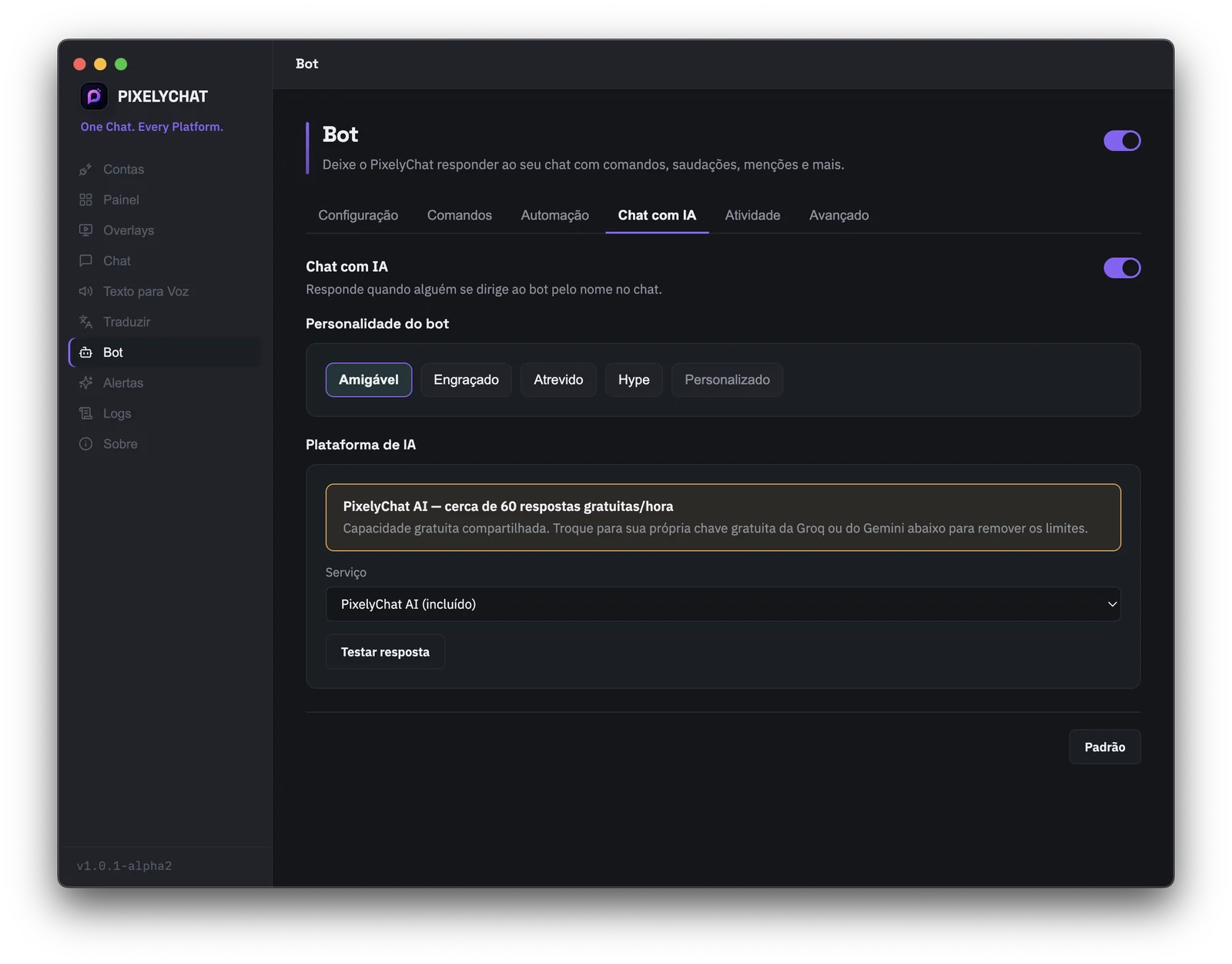 O chatbot com IA do PixelyChat respondendo automaticamente no chat da live
