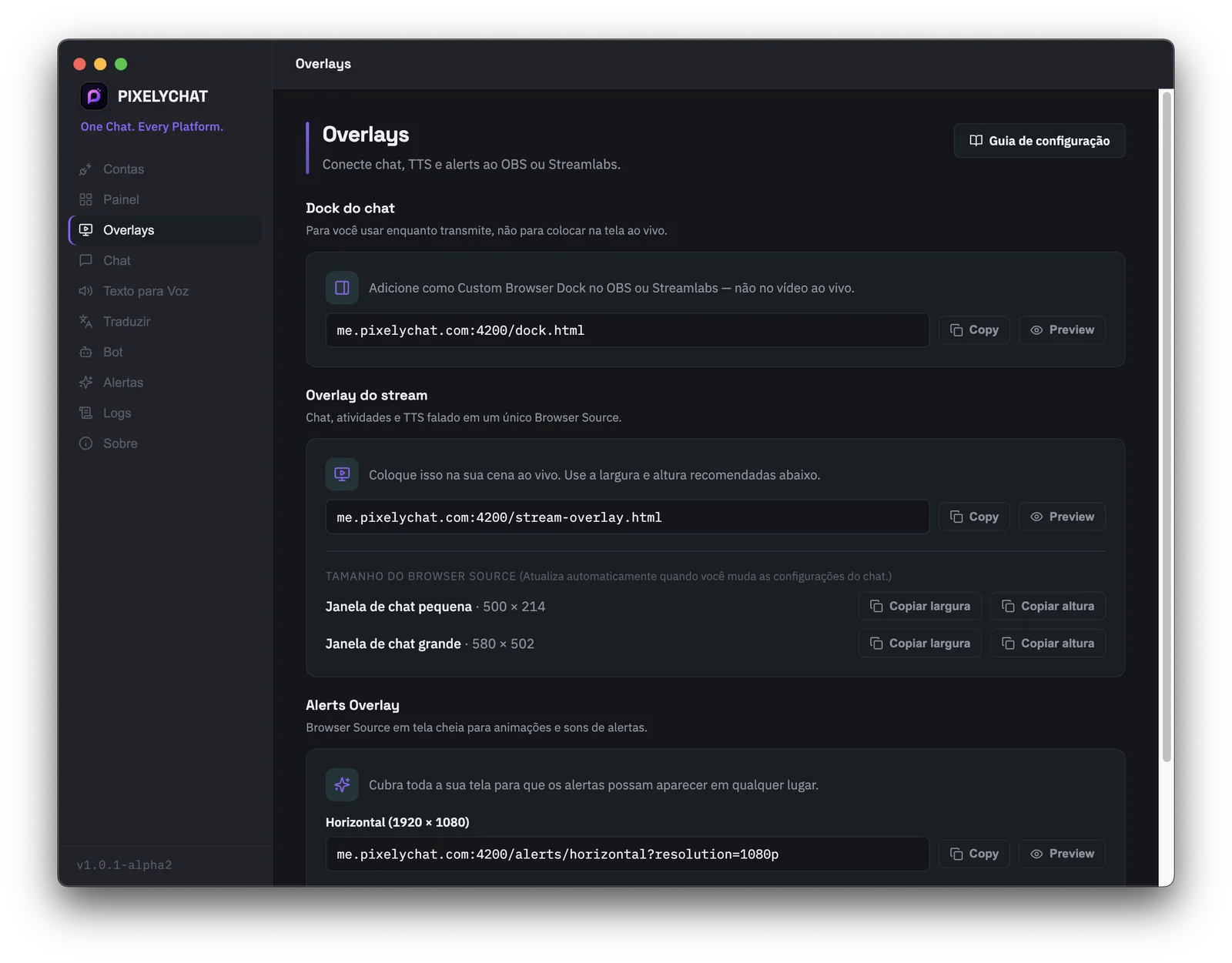 Gerador de link de fonte de navegador do OBS e Streamlabs no PixelyChat