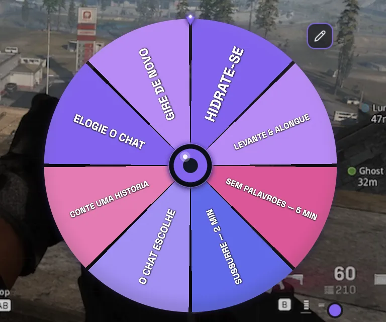 Widget de ação Spin Wheel do PixelyChat com roleta transparente para desafios e gatilhos de viewers