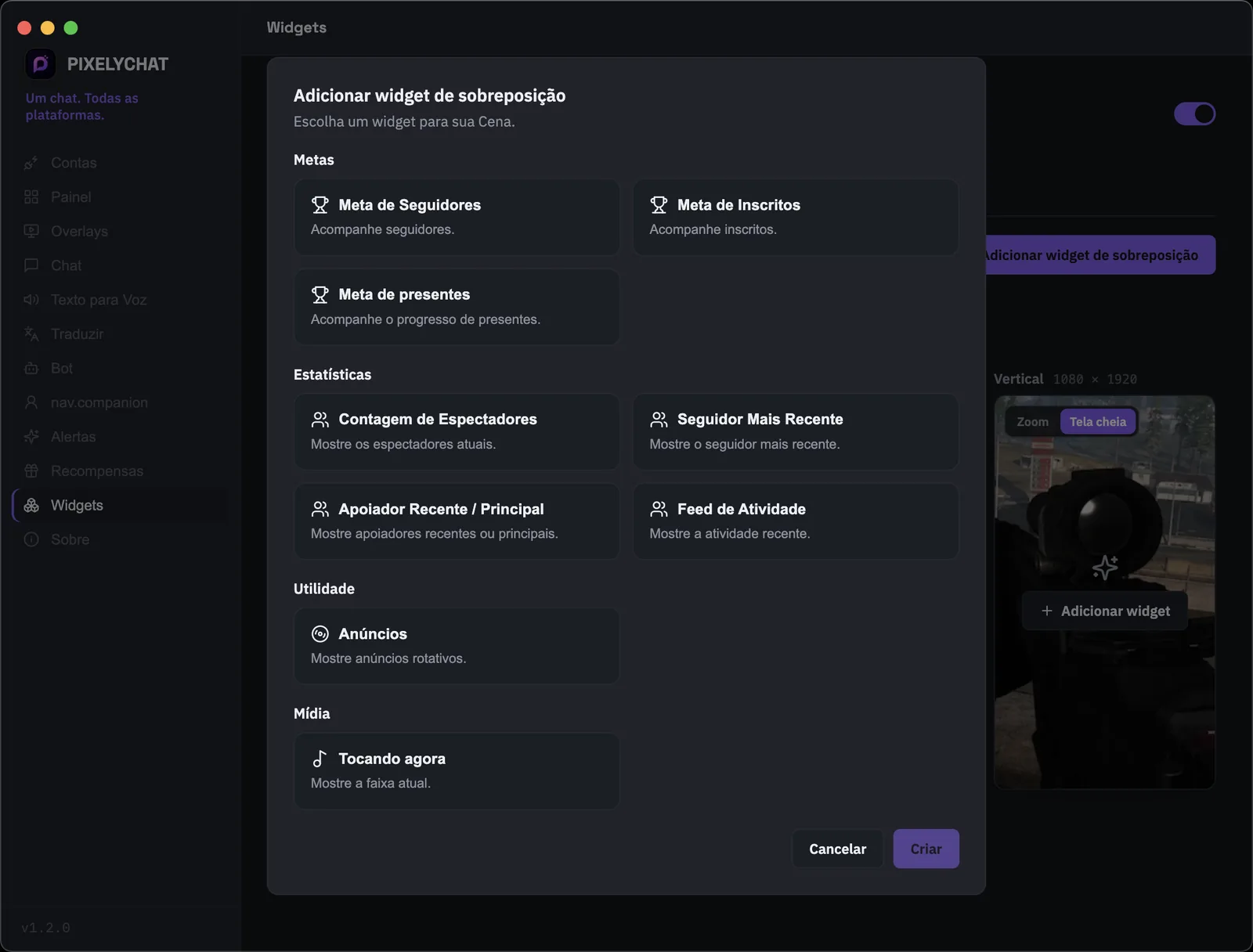 Página de Widgets do PixelyChat com metas de seguidores, inscritos e presentes, estatísticas ao vivo, feed de atividades, anúncios e Now Playing