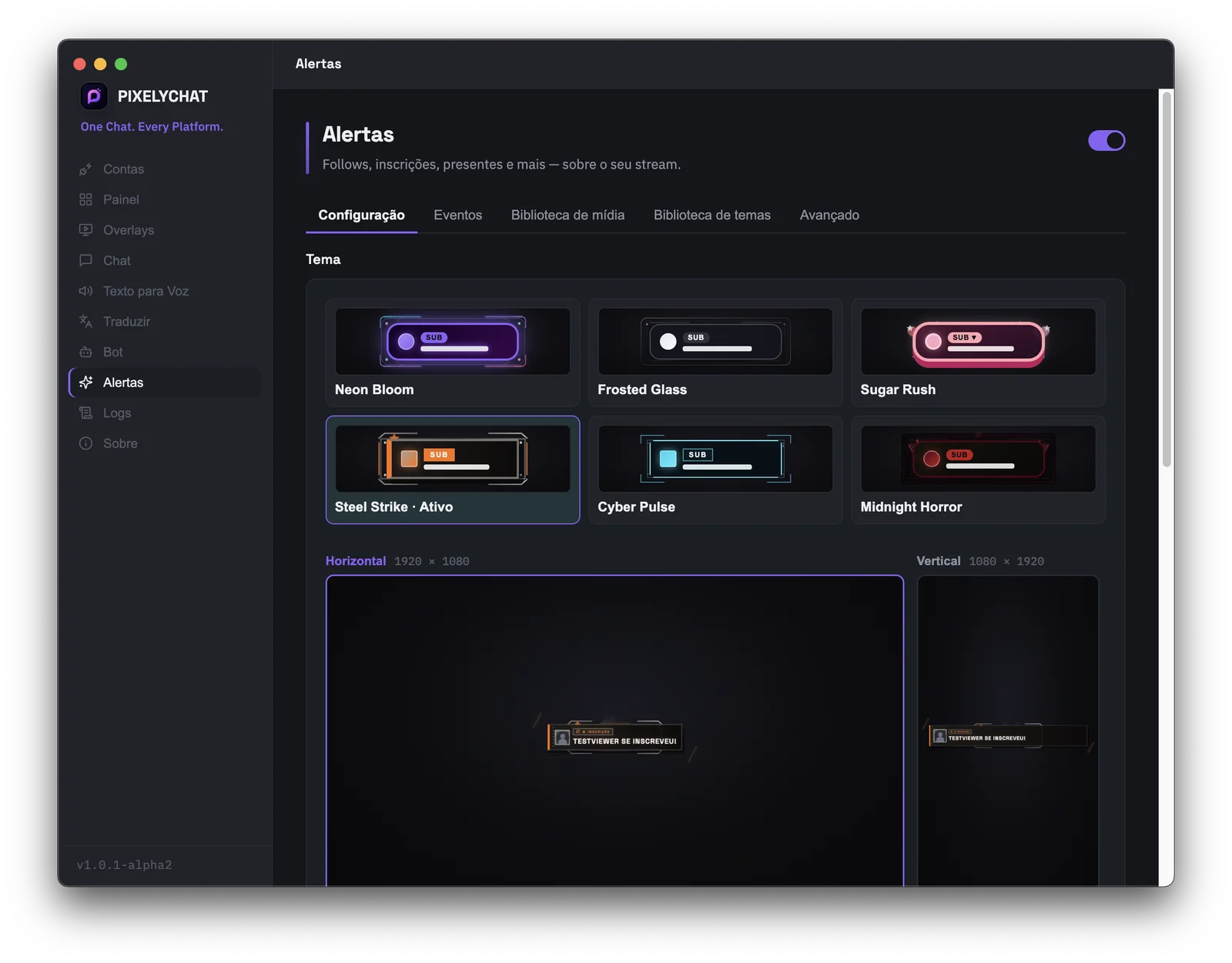 Configurações de alertas do PixelyChat