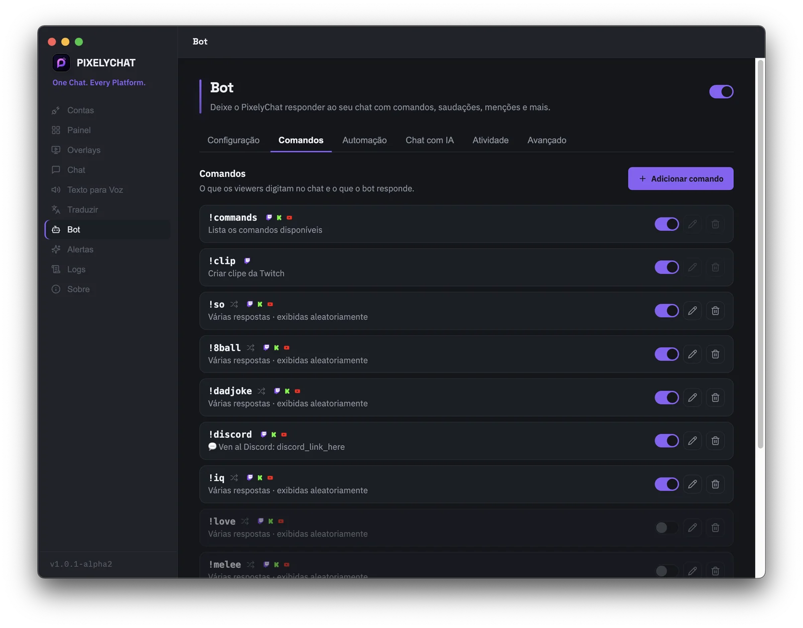 Tela de comandos do bot do PixelyChat