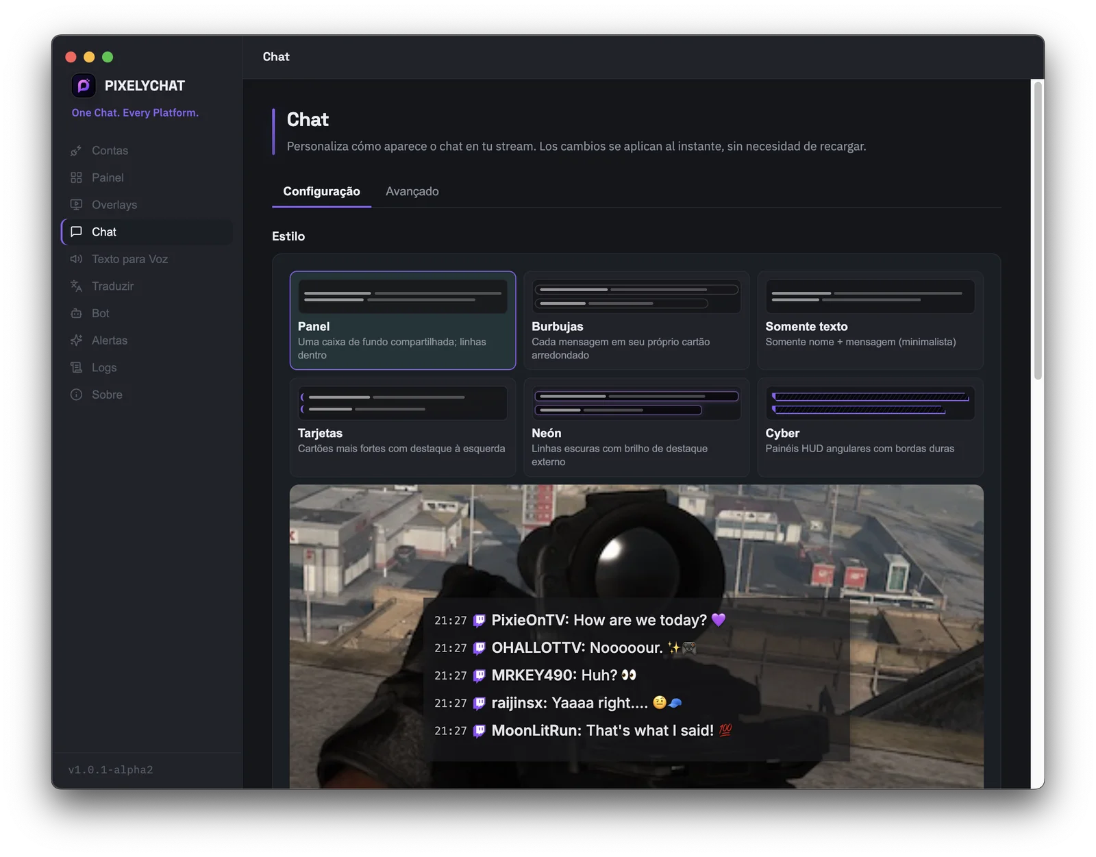 Página de Configurações do chat do PixelyChat