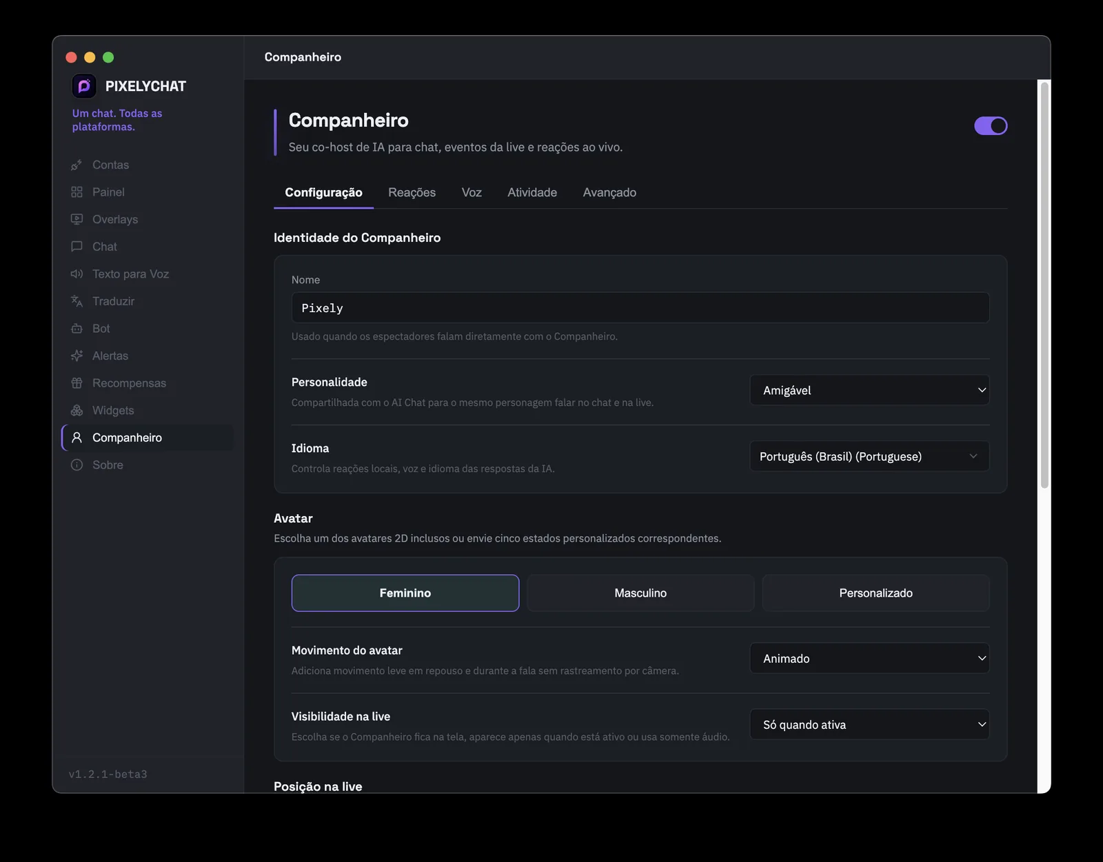 Página de configuração do PixelyChat Companion com identidade, personalidade, idioma, avatar e visibilidade na live