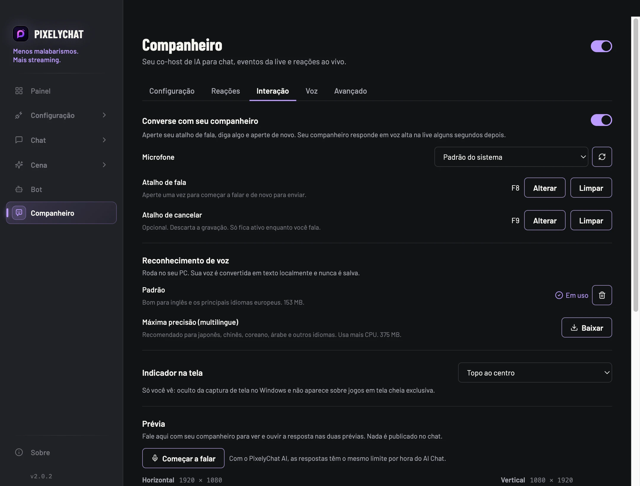 Configurações de Interação do Companheiro no PixelyChat