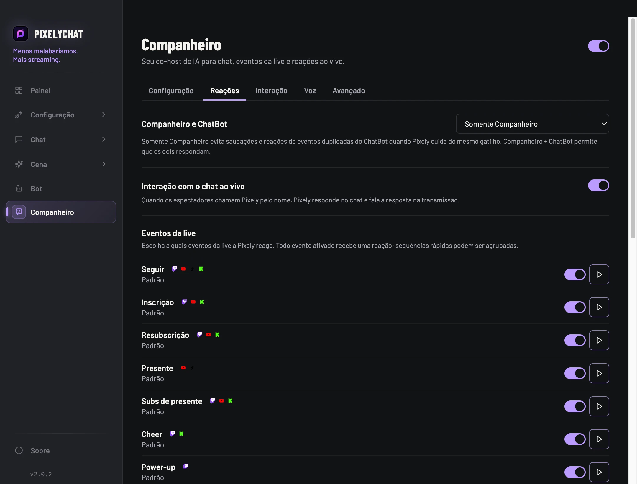 Reações do Companheiro no PixelyChat