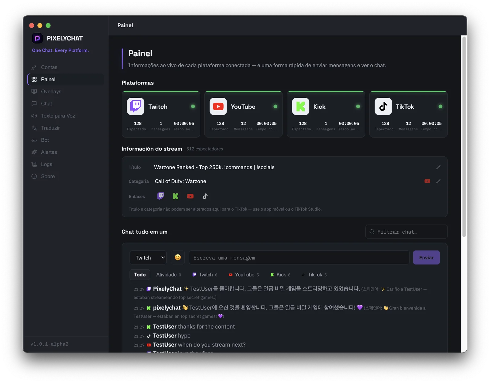 Dashboard do PixelyChat com cartões de plataforma, informações da live e o compositor de chat tudo em um