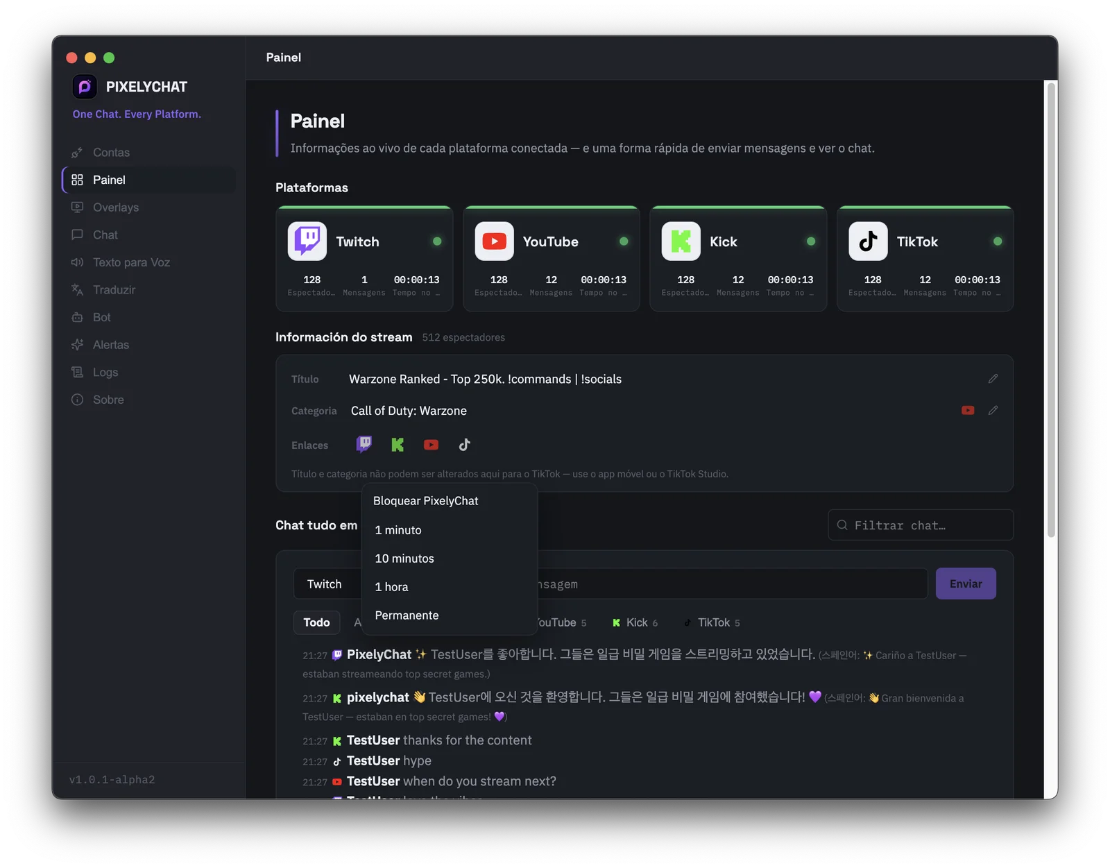 Interface de moderação do PixelyChat