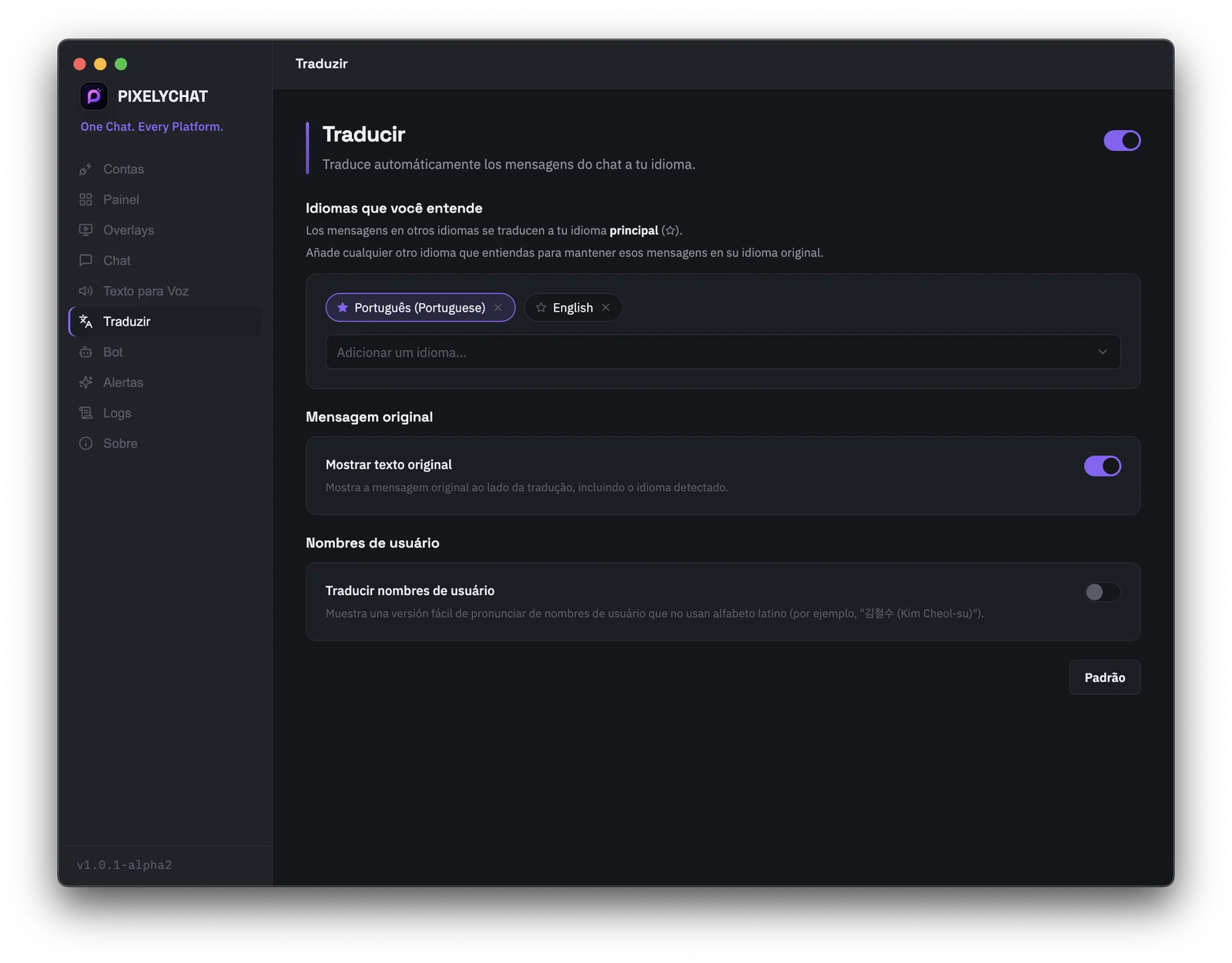 Configurações de tradução do PixelyChat
