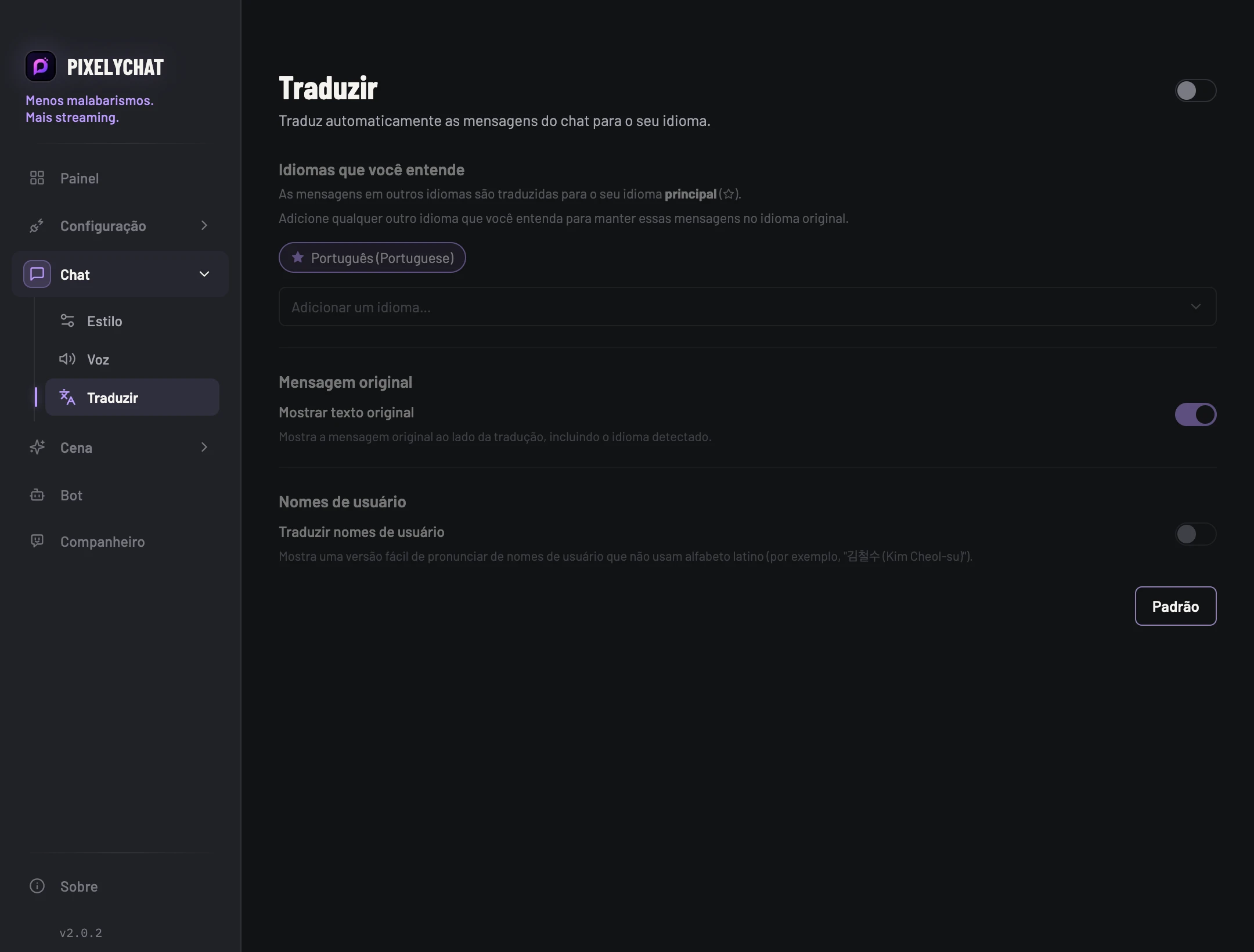 Configurações de tradução