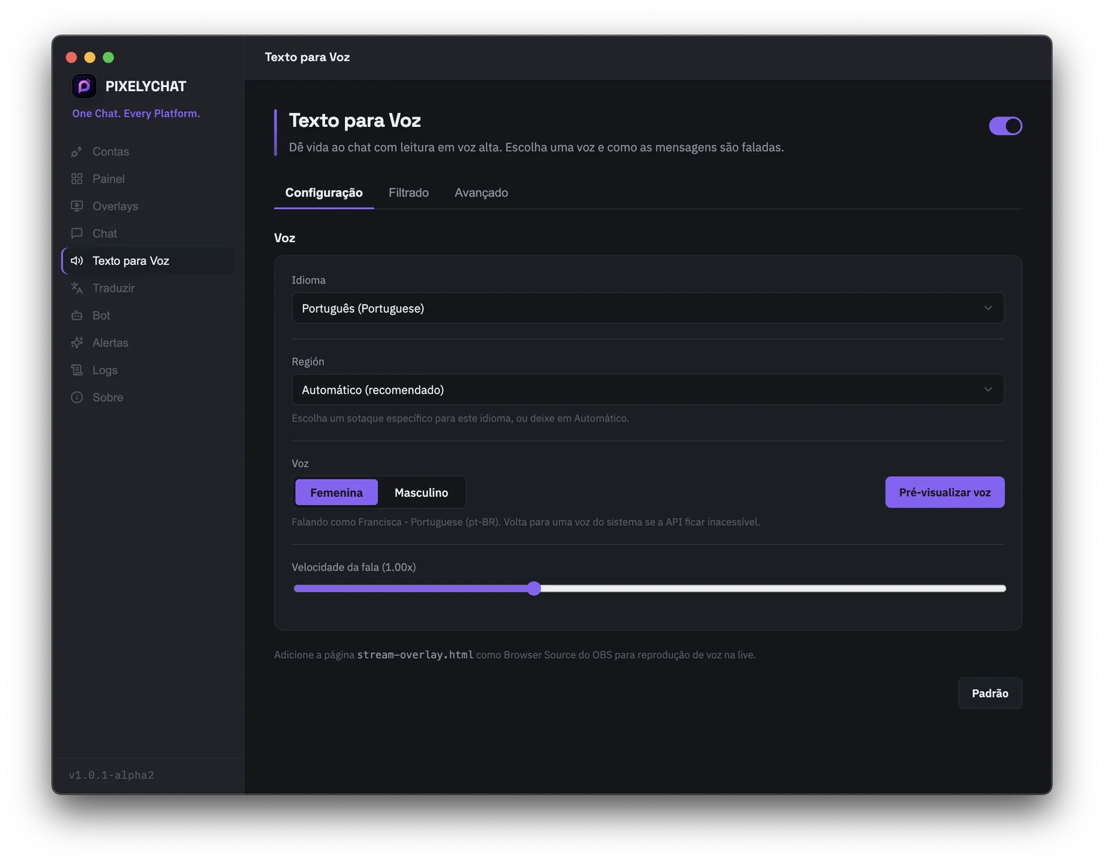 Configurações de TTS do PixelyChat